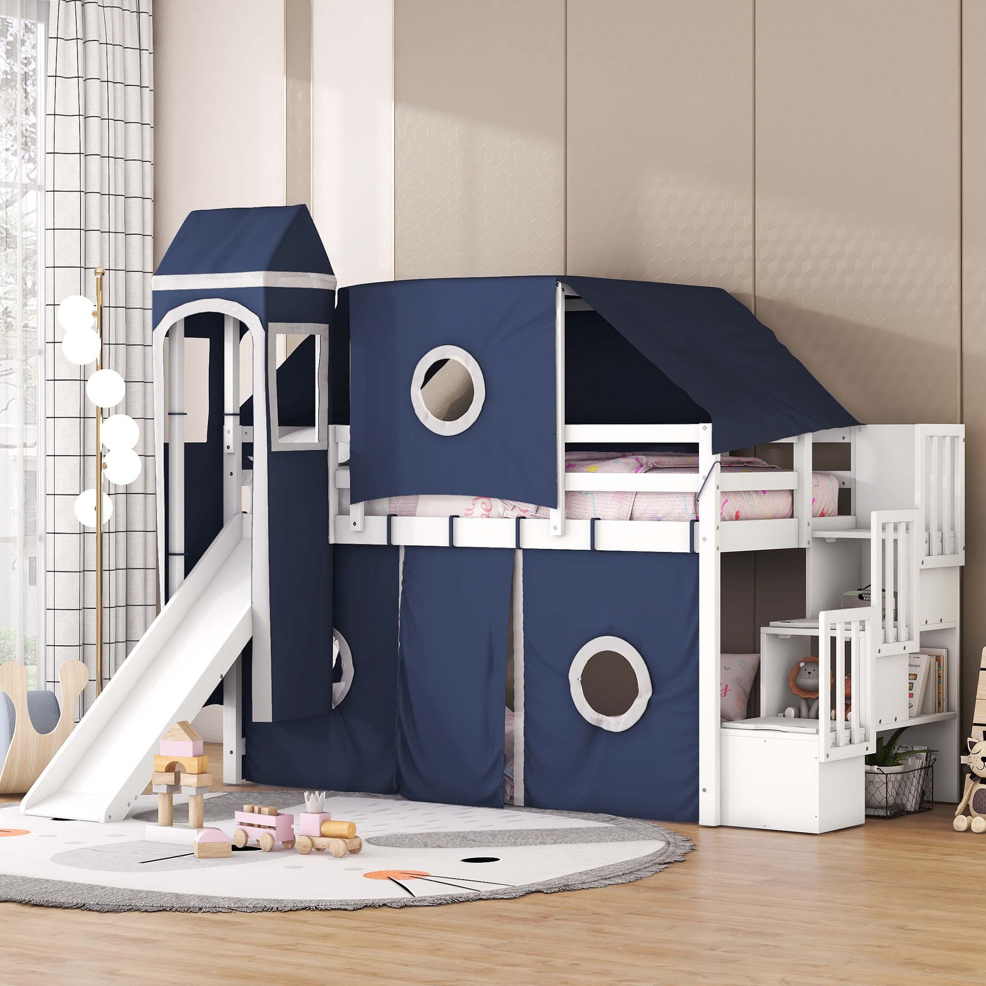 Aukfa Twin Loft Bed with Slide - House Loft Castle Bed with Stairway ...