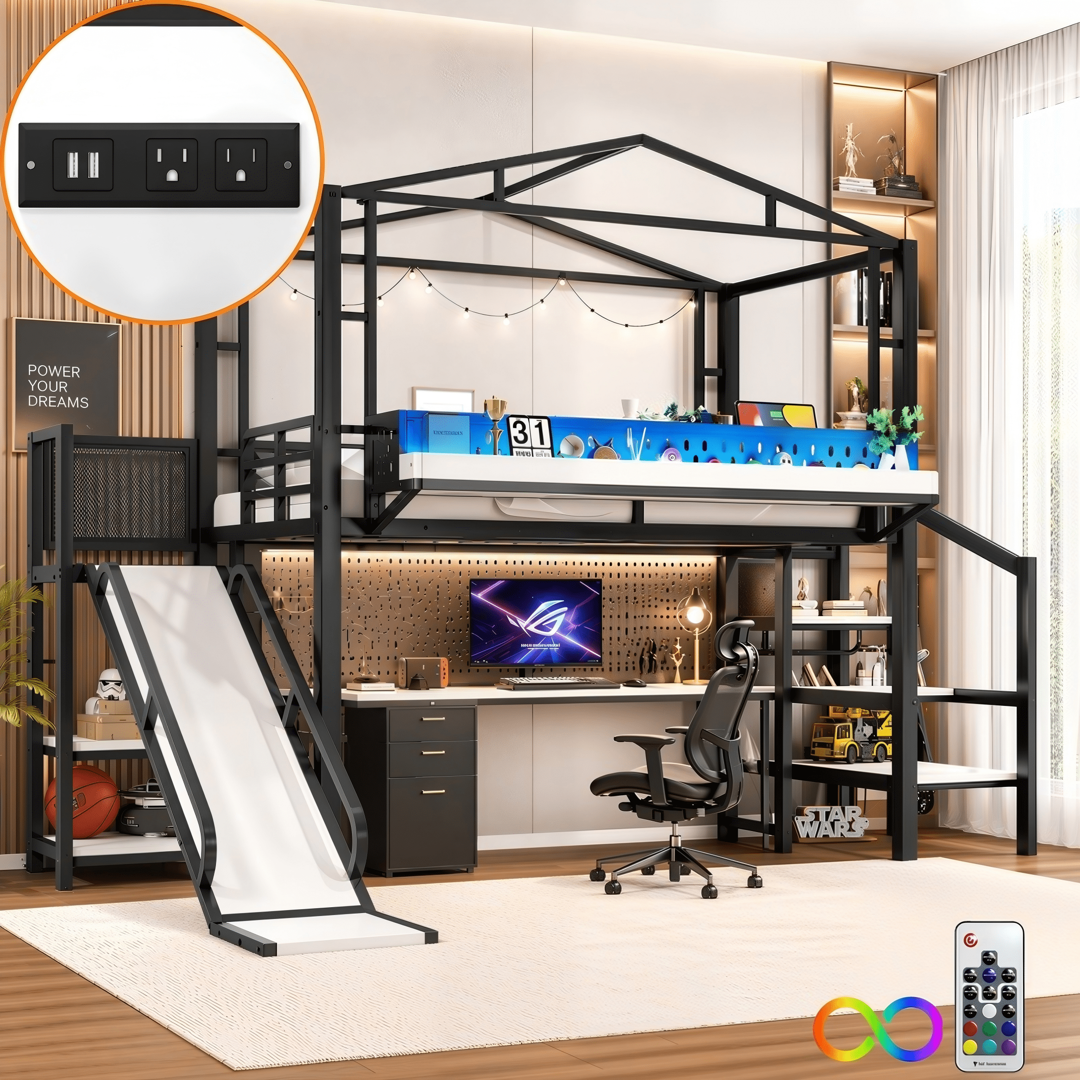 Aukfa Twin Loft Bed with Storage Stairs, Slide, Shelves, USB Ports and LED Lights, Metal Loft Bed for Kids, Noise-Reduced Design, Black