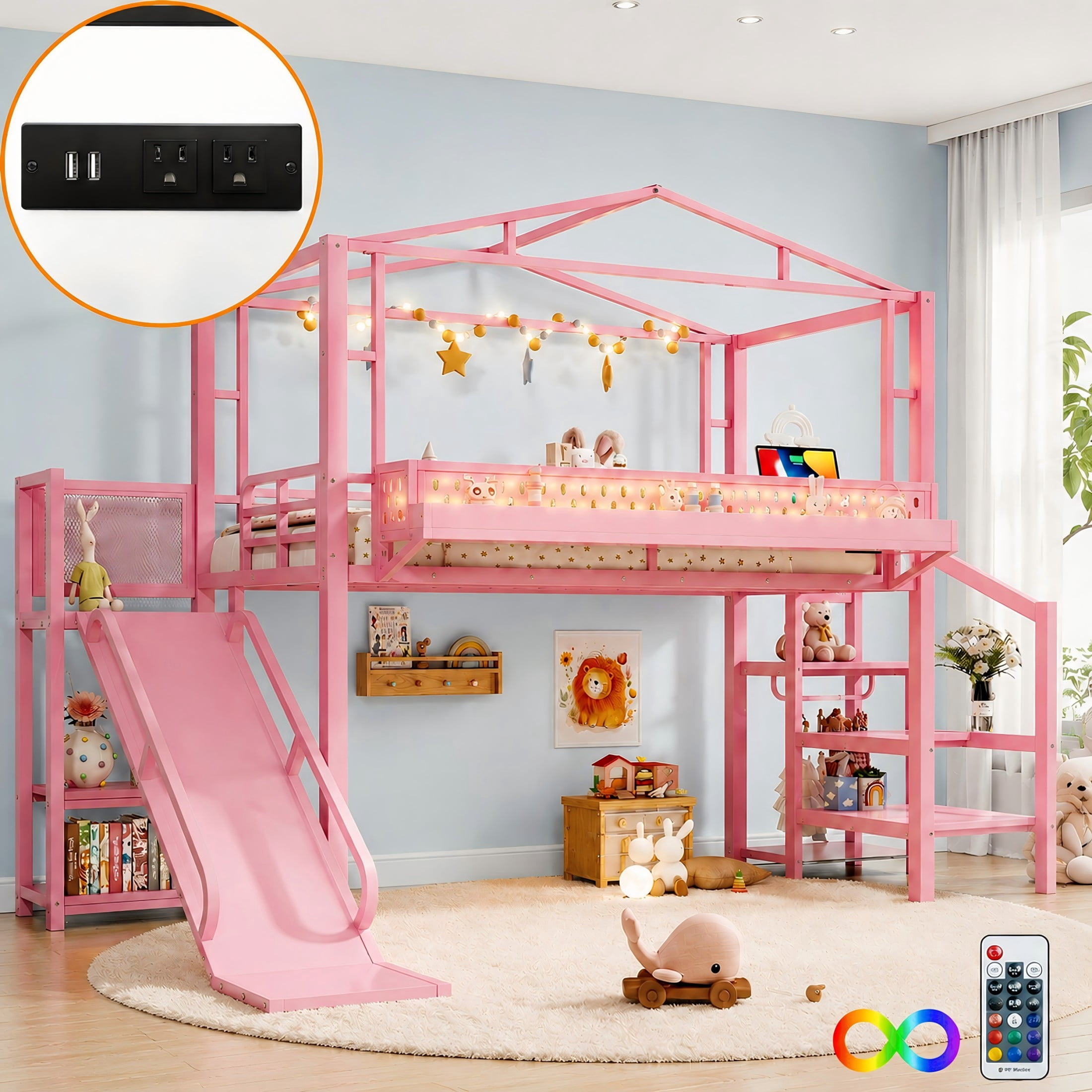 Aukfa Twin Loft Bed with Storage Stairs, Slide, Shelves, USB Ports and LED Lights, Metal Loft Bed for Kids, Noise-Reduced Design, Pink