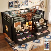 Aukfa Twin Low Loft Bed with 8 Storage Drawers, Shelves & LED Lights, Metal Loft Bed for Kids Bedroom, Black