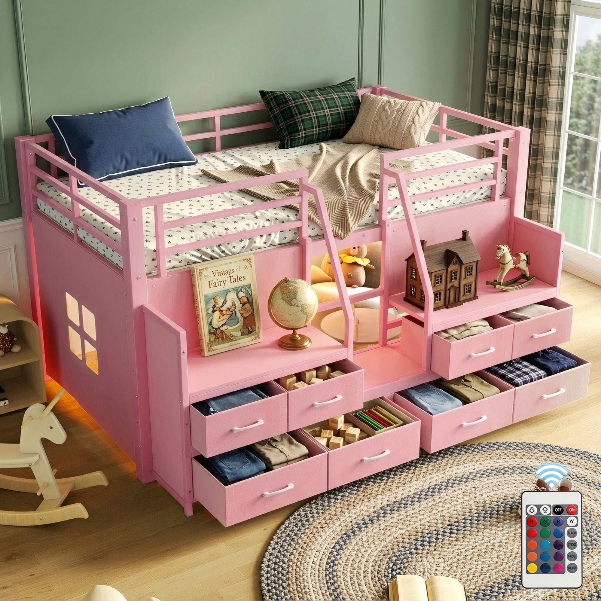 Aukfa Twin Low Loft Bed with 8 Storage Drawers, Shelves & LED Lights, Metal Loft Bed for Kids Bedroom, Pink
