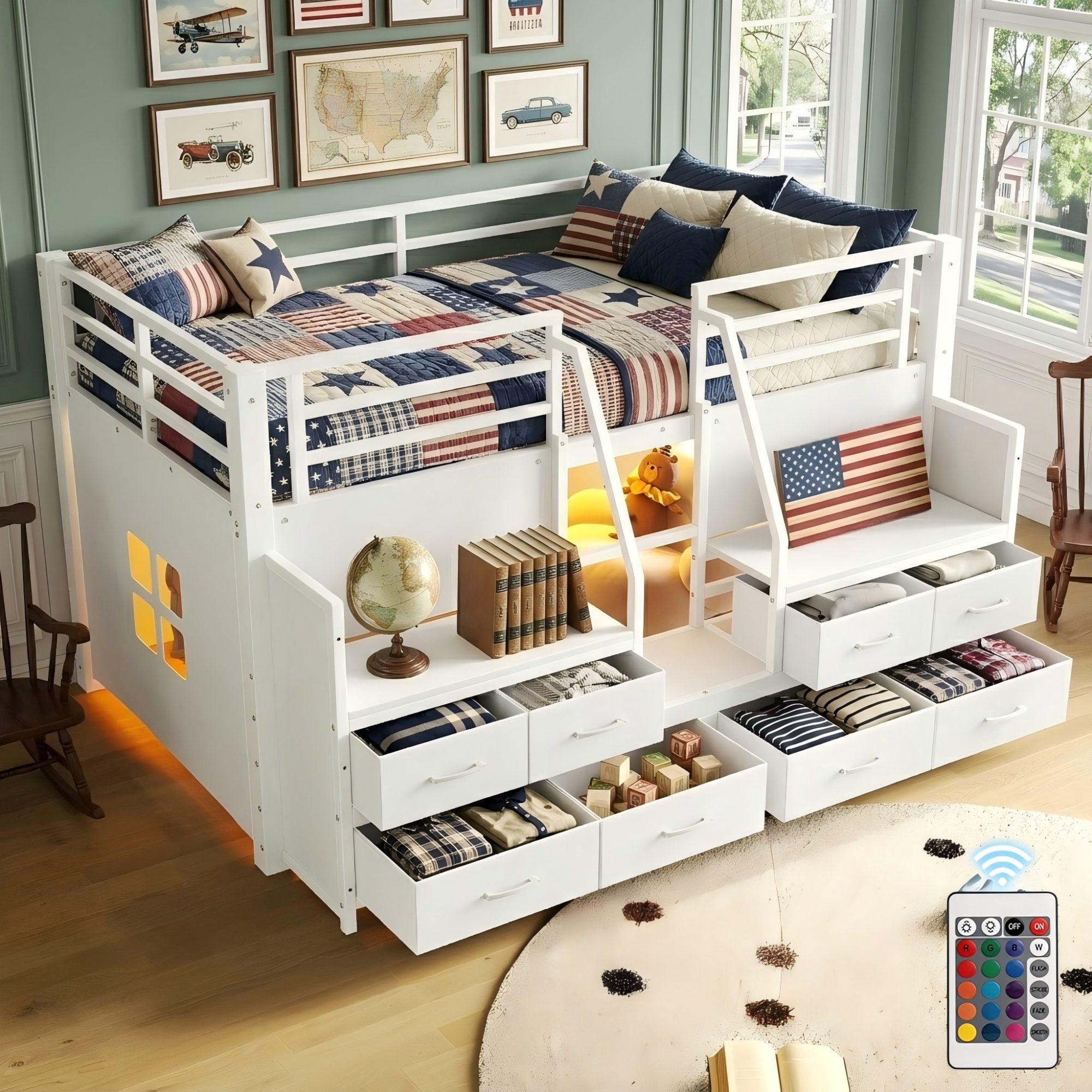 Aukfa Twin Low Loft Bed with 8 Storage Drawers, Shelves & LED Lights, Metal Loft Bed for Kids Bedroom, White