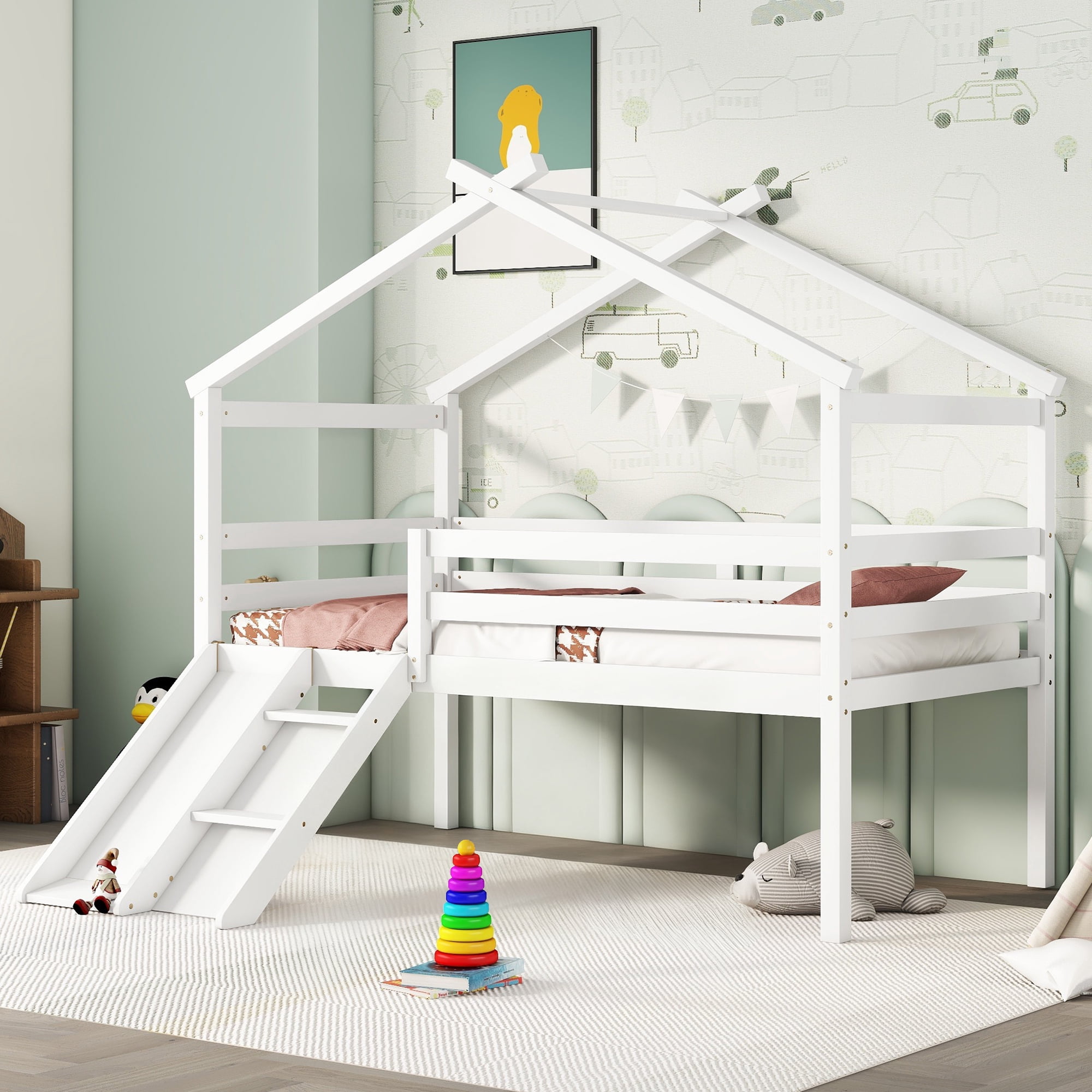 Aukfa Twin Low Loft Bed with Slide for Kids, Wood House Roof Bed Frame for Girls/Boys Bedroom, White