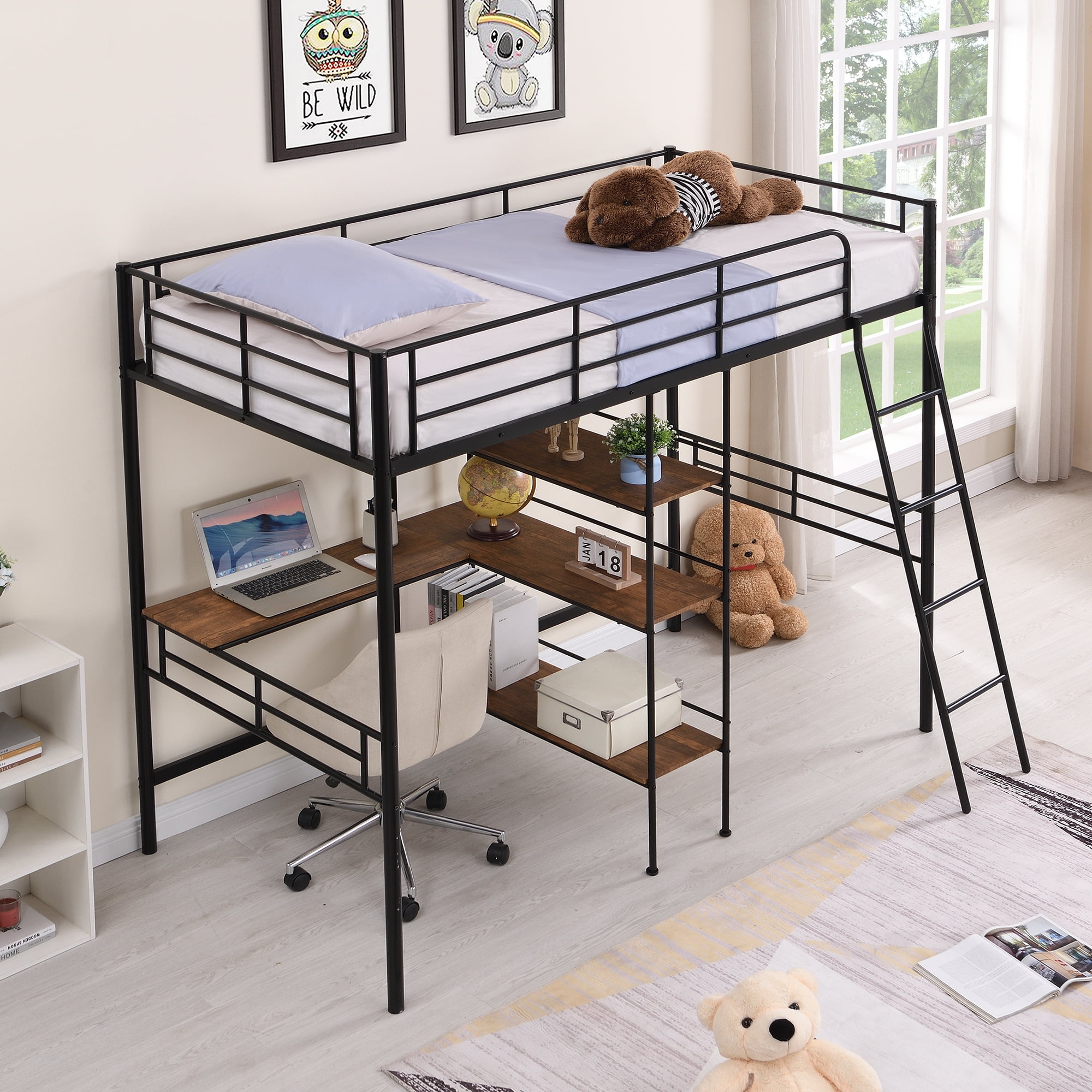 Aukfa Twin Metal Loft Bed With Desk and Storage, Metal Loft Bed for ...