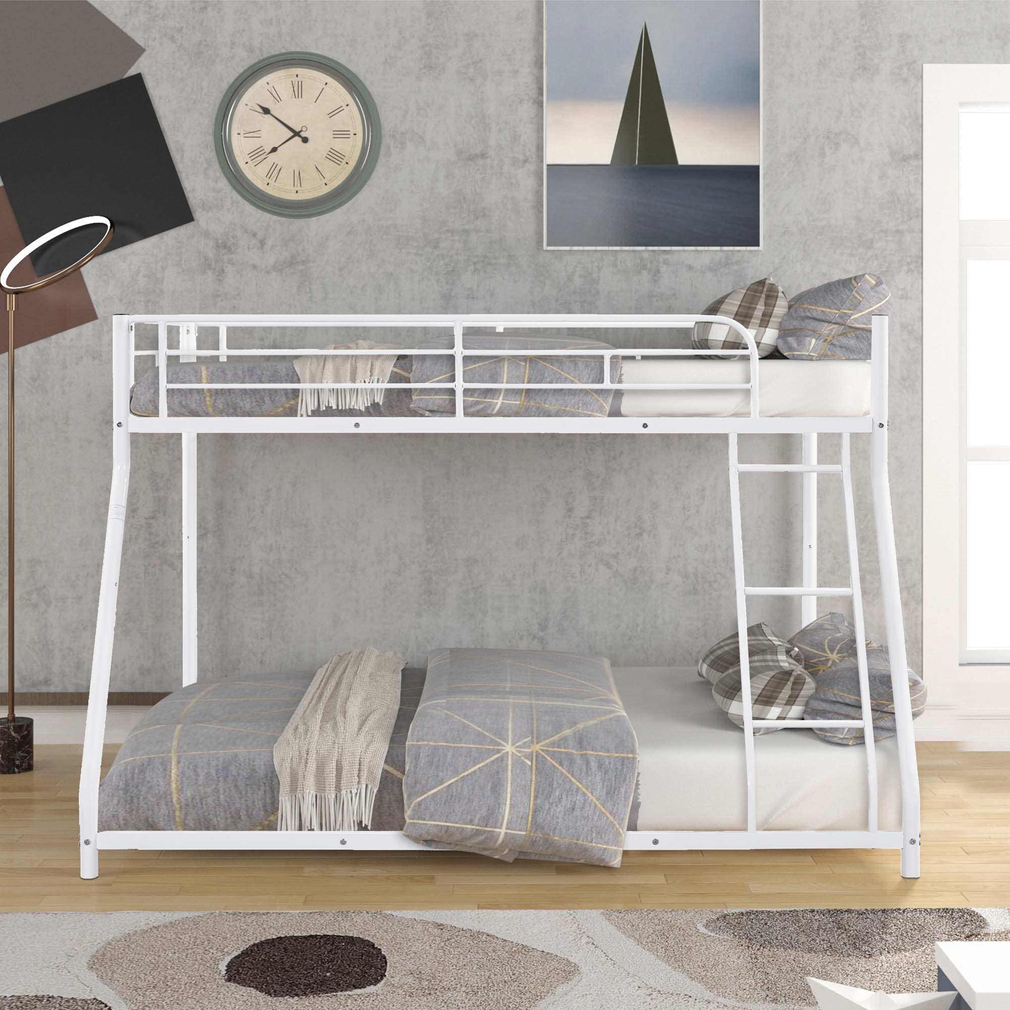 Aukfa Twin-Over-Full Bunk Bed, Heavy Duty Metal Low Bunk Bed for Kids Teens Dorm - White