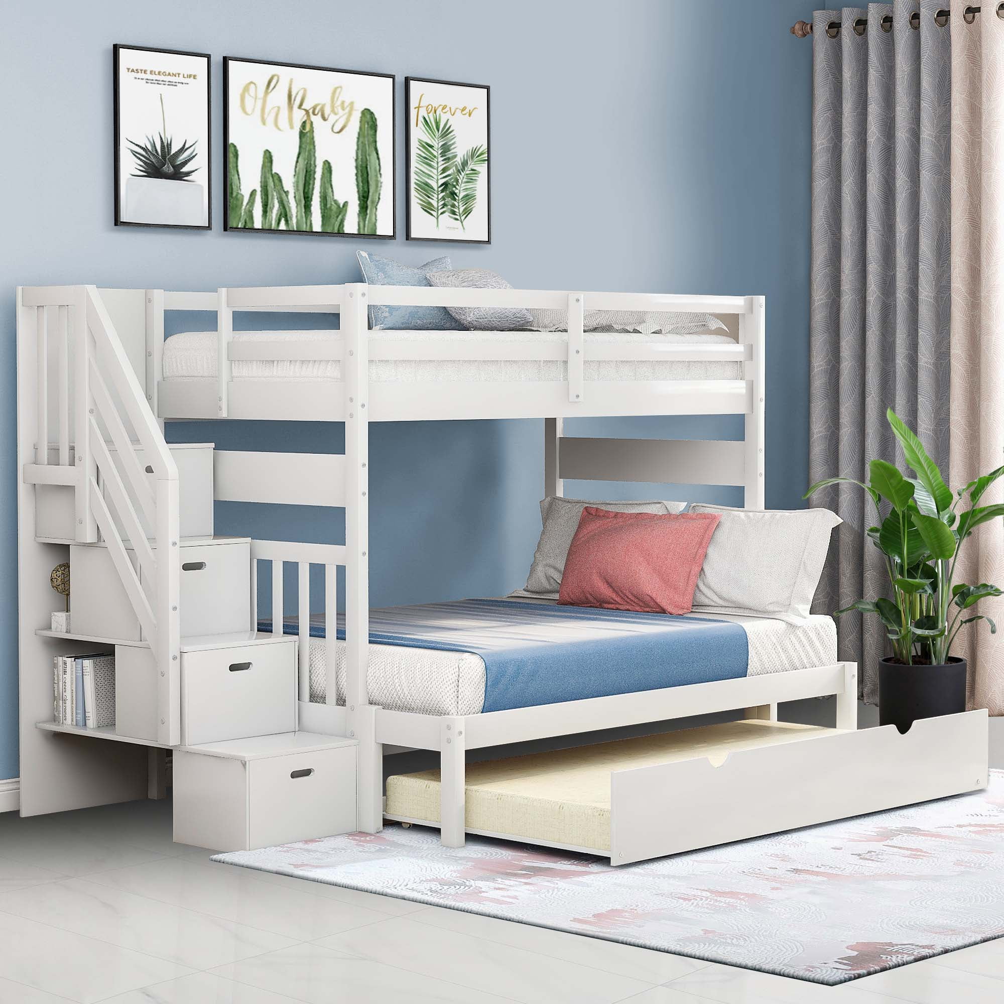 Aukfa Twin Over Full Bunk Bed with Trundle Bed, Wood Storage Stairway Bunk Bed with Drawer and Cabinet for Kids Bedroom - White