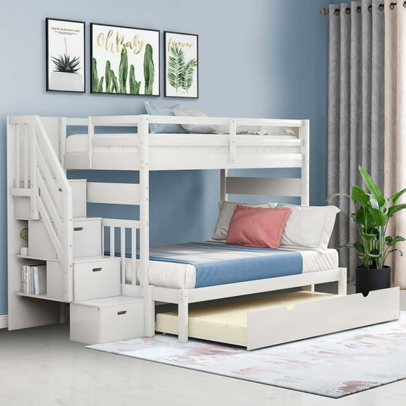 Aukfa Twin Over Full Bunk Bed with Trundle Bed, Wood Storage Stairway Bunk Bed with Drawer and Cabinet for Kids Bedroom - White