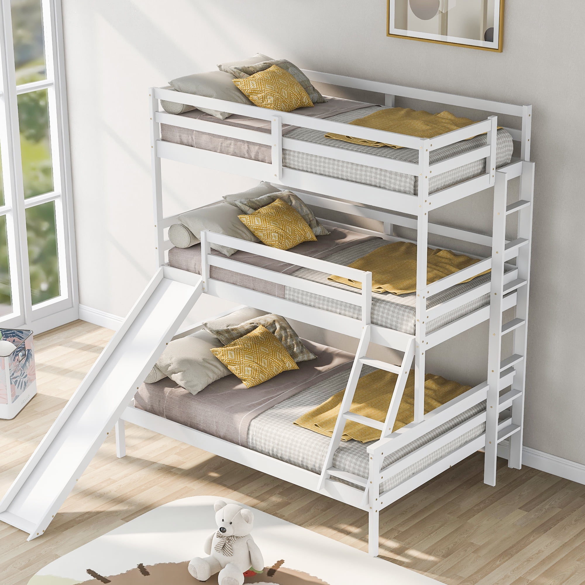 Aukfa Twin Over Twin Over Full Triple Bunk Beds for Kids with Slide and