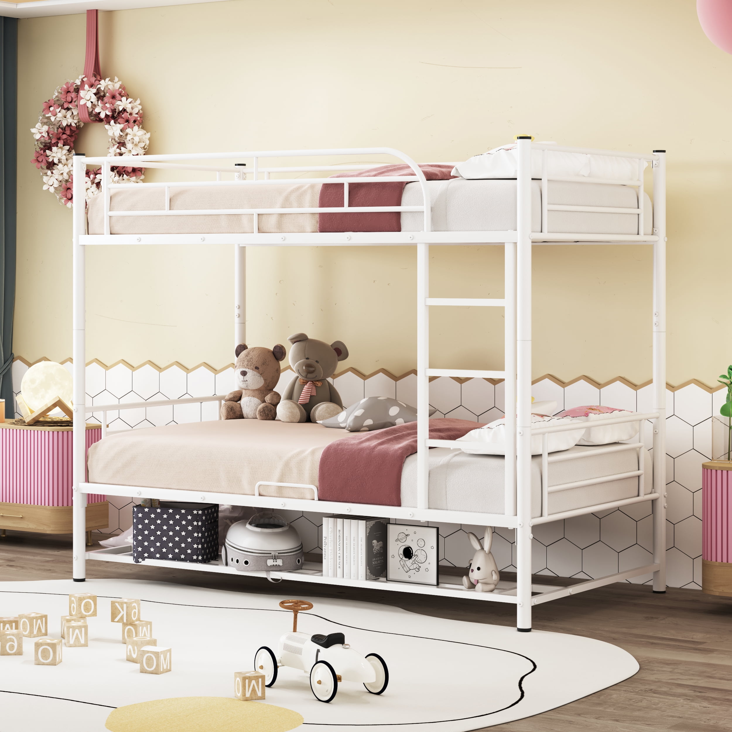 Aukfa Twin-Over-Twin Bunk Bed, Heavy Duty Metal Convertible into Two Platform Beds for Kids Teens Dorm - White