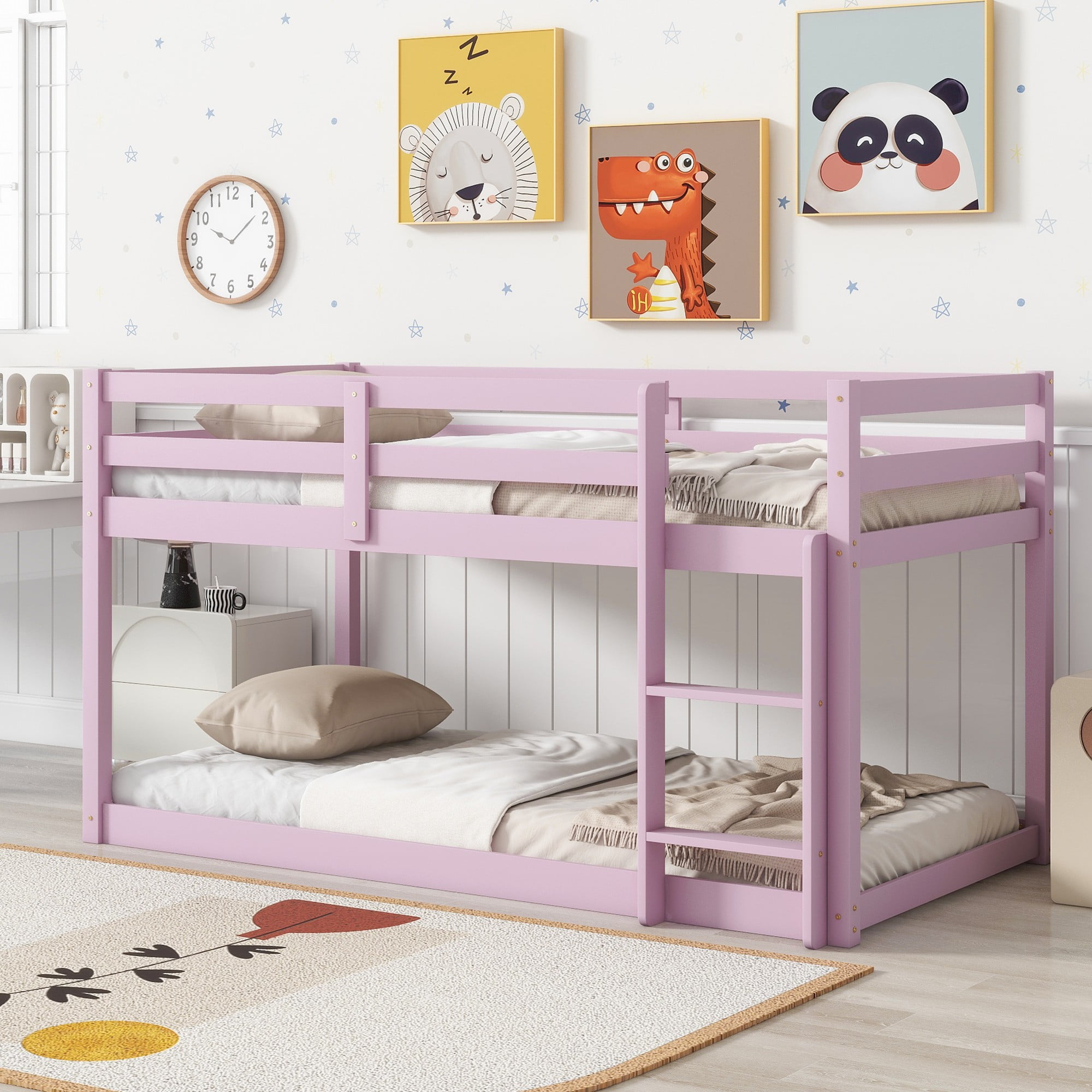 Aukfa Twin Over Twin Bunk Bed for Kids, Solid Rubber Wooden Bed Frame, Pink