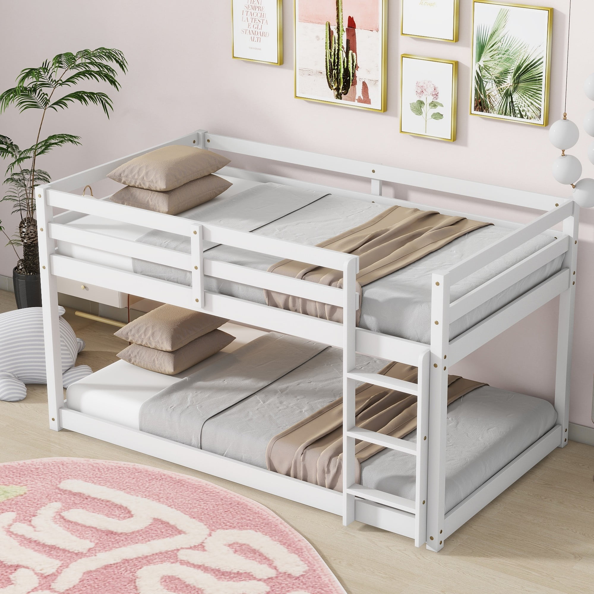Aukfa Twin Over Twin Bunk Bed for Kids, Solid Rubber Wooden Bed Frame, White