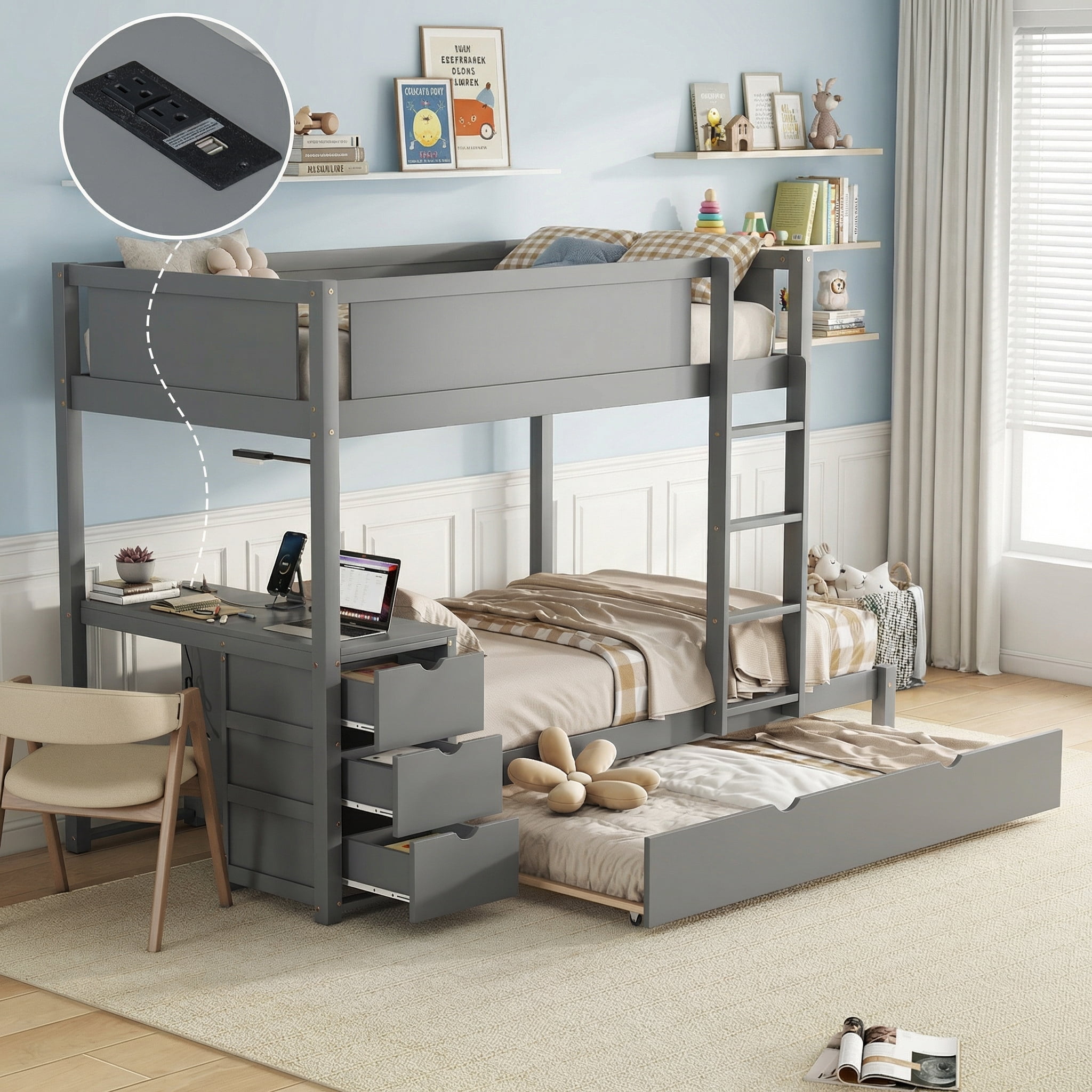 Aukfa Twin Over Twin Bunk Bed with Trundle and USB Charging Station, Wood Bed Frame with Build-in Desk&Storage Drawers for Kids Bedroom, Gray