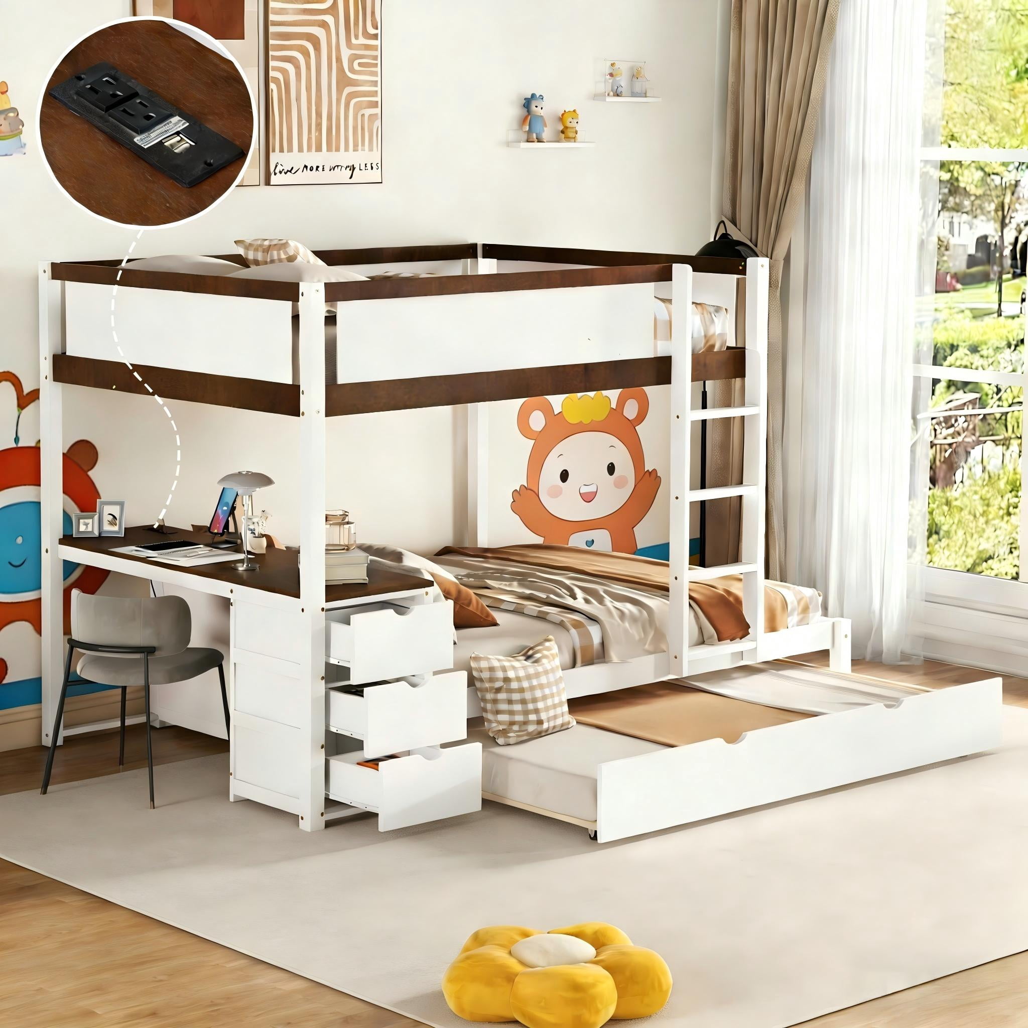 Aukfa Twin Over Twin Bunk Bed with Trundle and USB Charging Station, Wood Bed Frame with Build-in Desk&Storage Drawers for Kids Bedroom, White/Walnut
