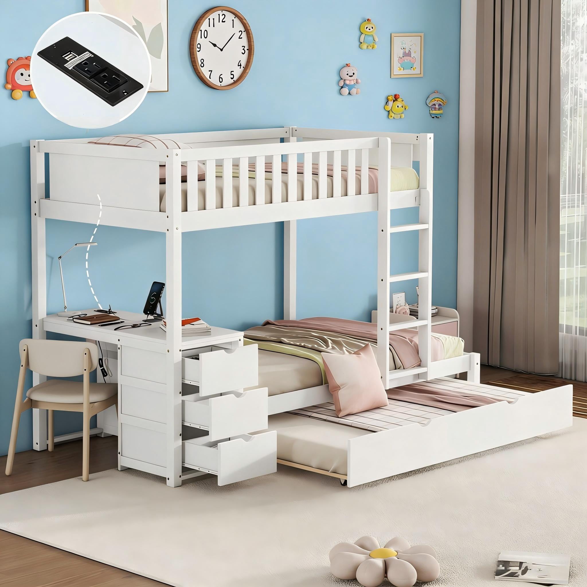 Aukfa Twin Over Twin Bunk Bed with Trundle and USB Charging Station, Wood Bed Frame with Build-in Desk&Storage Drawers for Kids Bedroom, White
