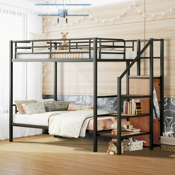 Aukfa Twin Over Twin Metal Bunk Bed with Storage Wardrobe and Staircase for Kids, Black
