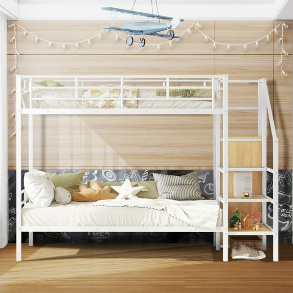 Aukfa Twin Over Twin Metal Bunk Bed with Storage Wardrobe and Staircase for Kids, White