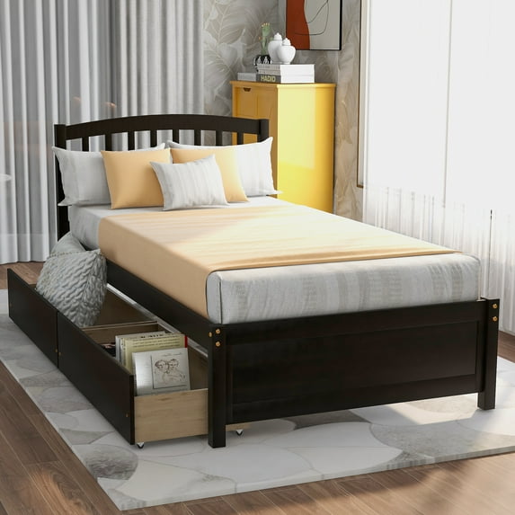 Aukfa Twin Platform Bed, Wood Bed Frame with Storage Drawers for Kids - Espresso