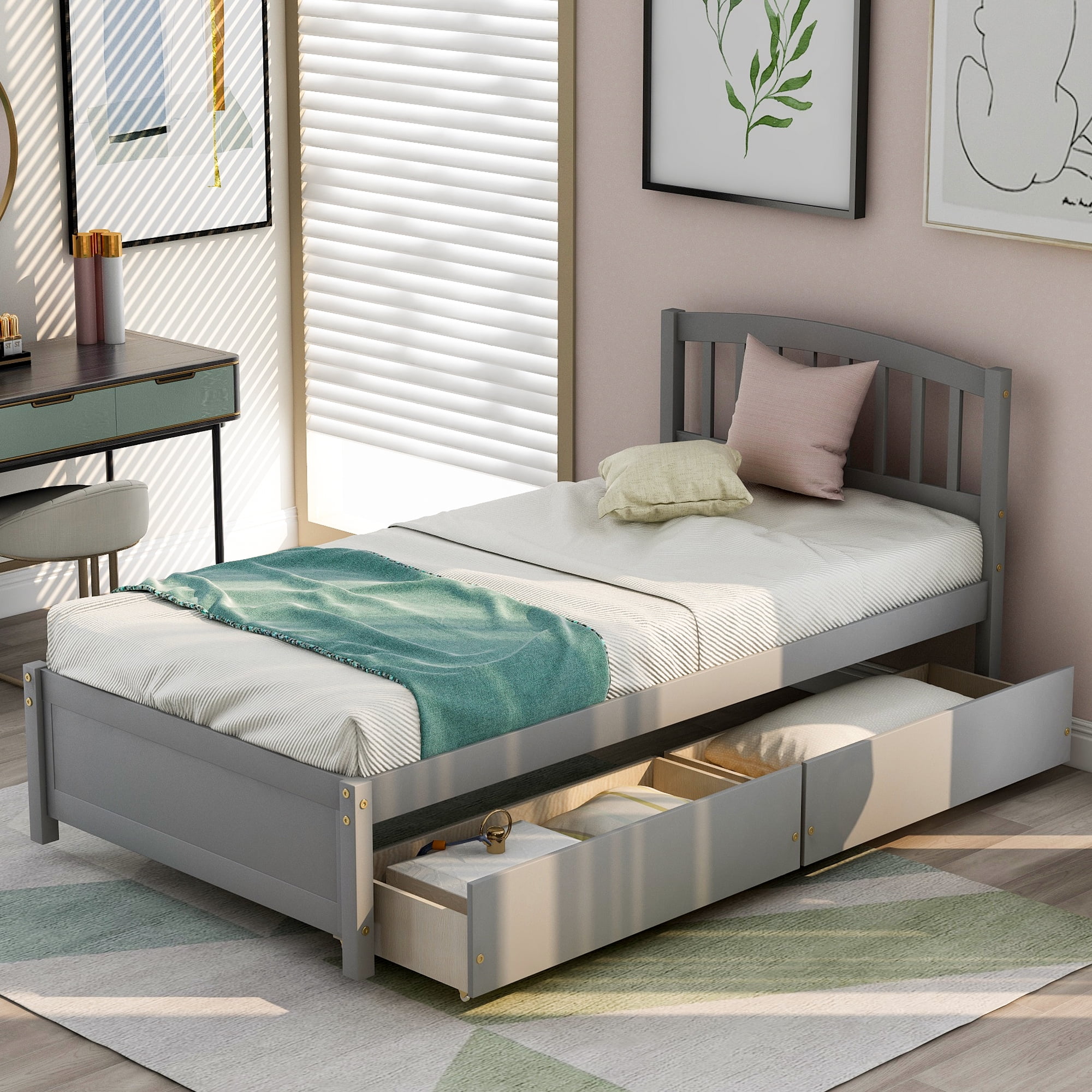 Aukfa Twin Platform Bed, Wood Bed Frame with Storage Drawers for Kids - Gray