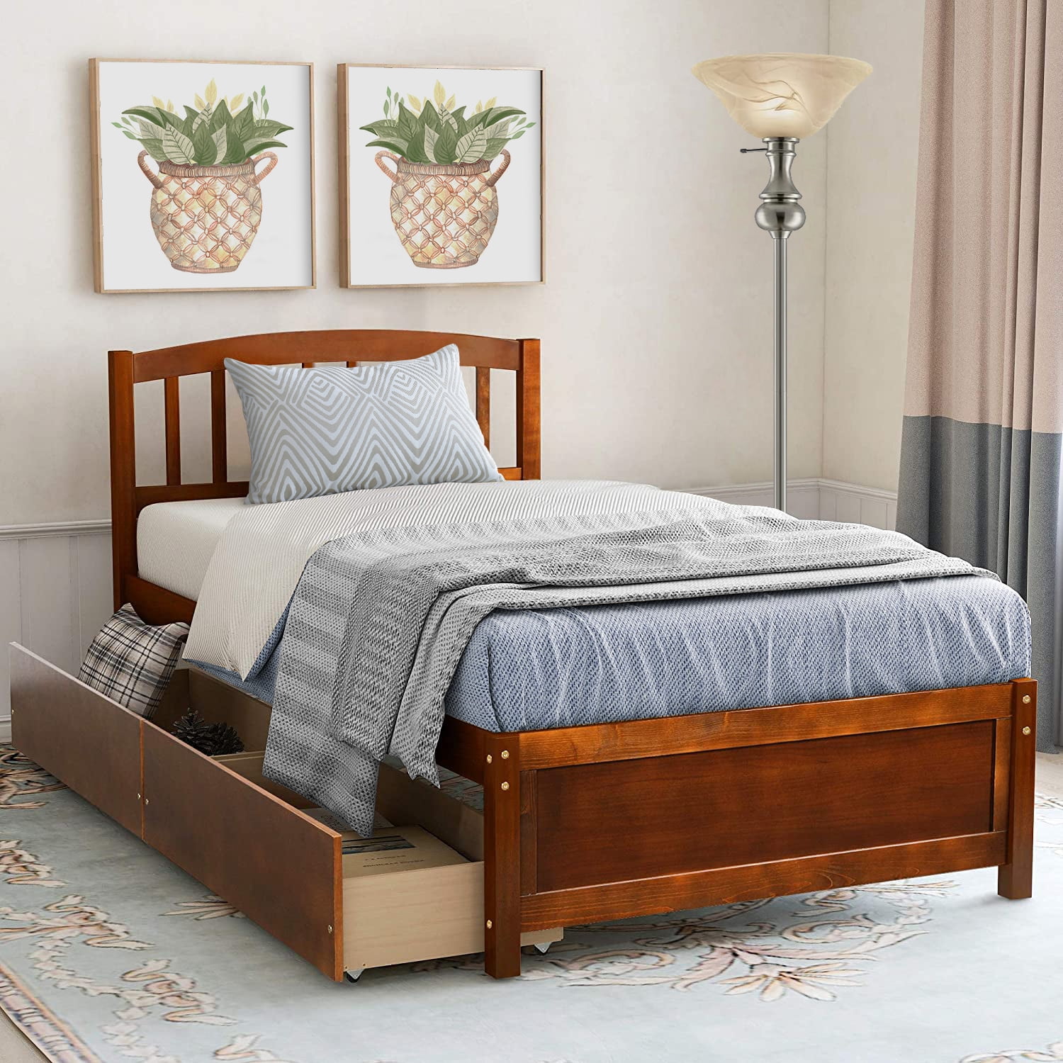 Aukfa Twin Platform Bed, Wood Bed Frame with Storage Drawers for Walnut - Walnut