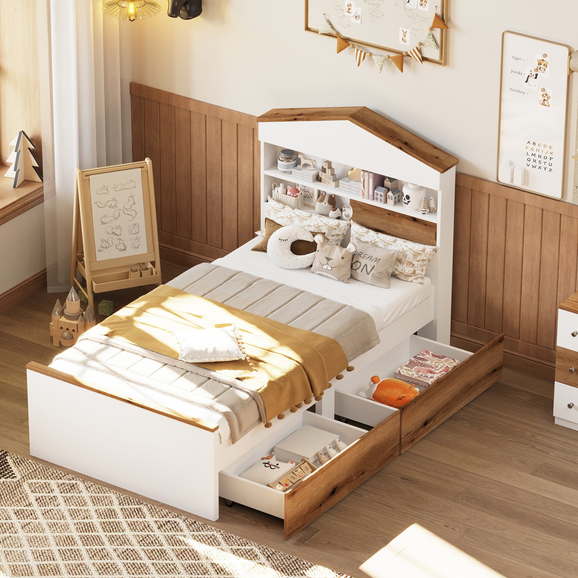 Aukfa Twin Platform Bed with 2 Drawers, House-Shaped Storage Headboard with Shelves for Kids, Brown