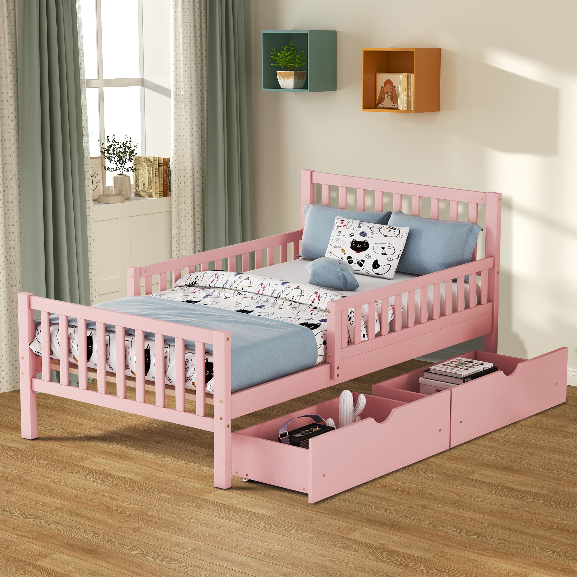 Aukfa Twin Platform Bed with Storage Drawers and Safety Rails, Wooden ...