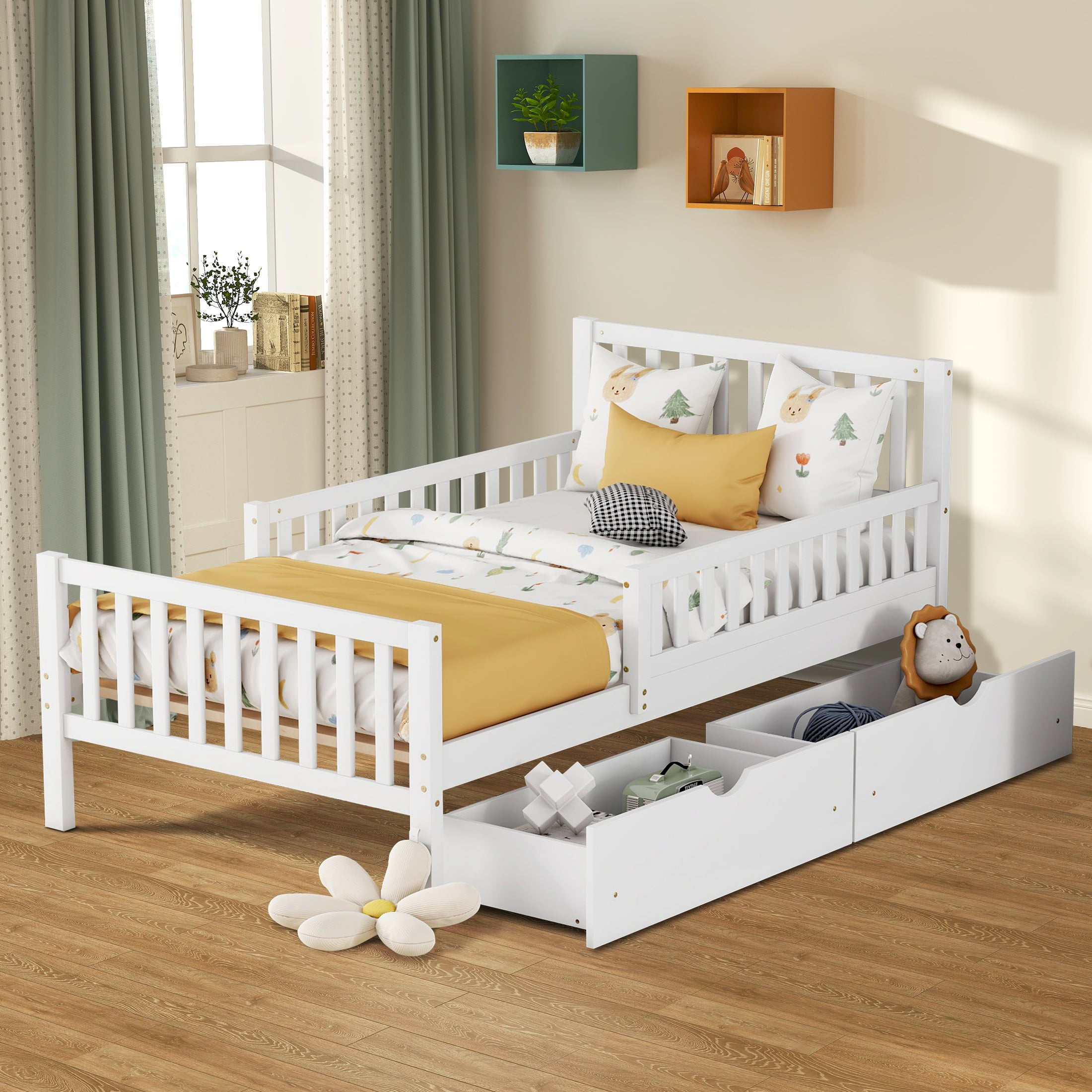Aukfa Twin Platform Bed with Storage Drawers and Safe Rails, Wood Bed Frame, White