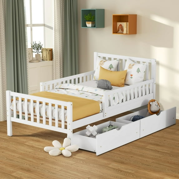 Aukfa Twin Platform Bed with Storage Drawers and Safe Rails, Wood Bed Frame, White