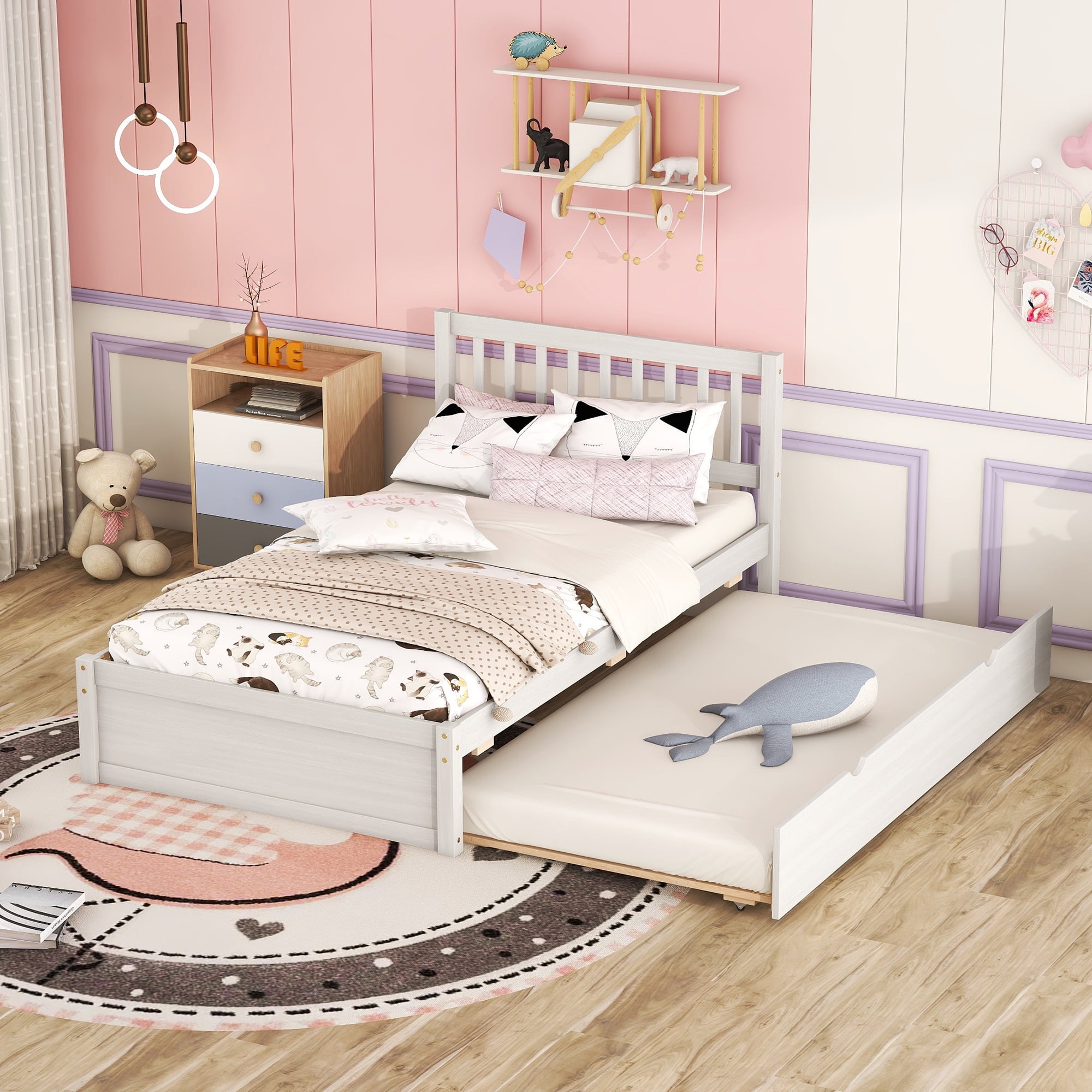 Aukfa Twin Platform Bed with Trundle Bed, Wood Bed Frame for Kids - White