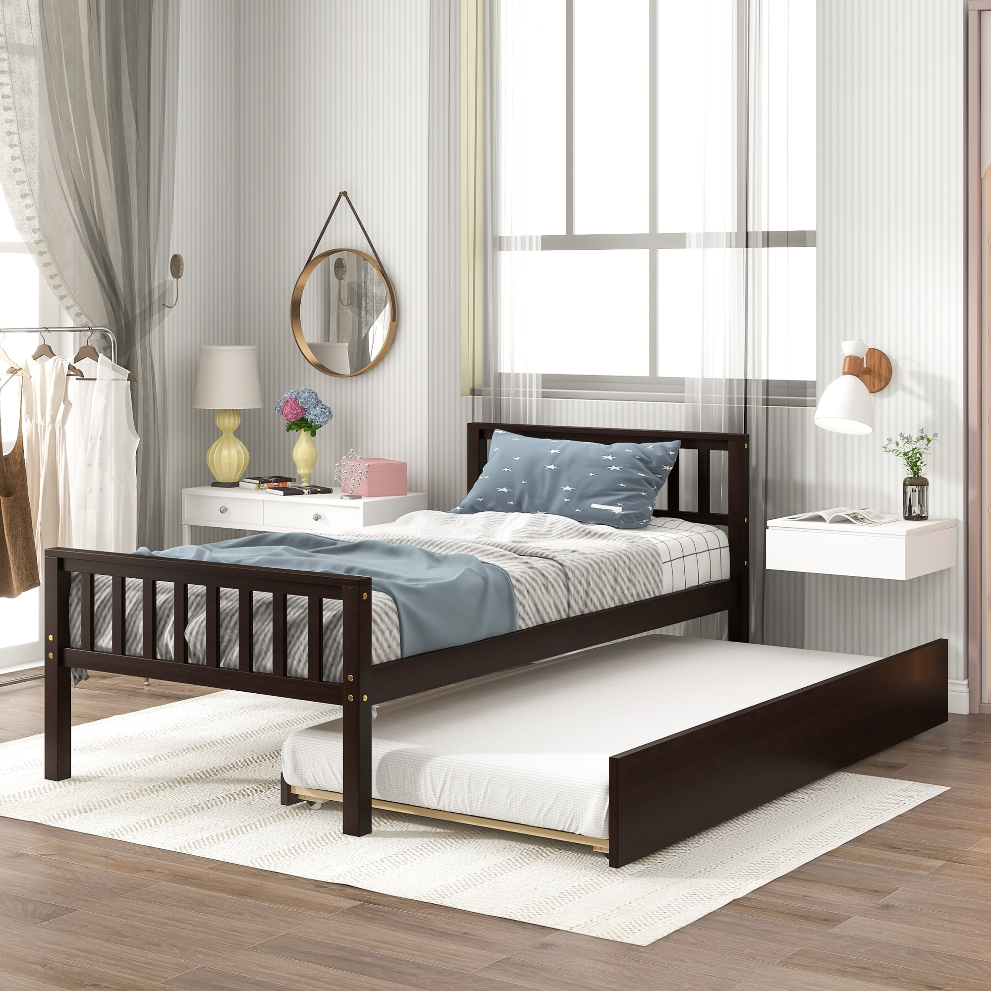Aukfa Twin Platform Bed with Trundle for Kids - Wood Bed Frame - Espresso