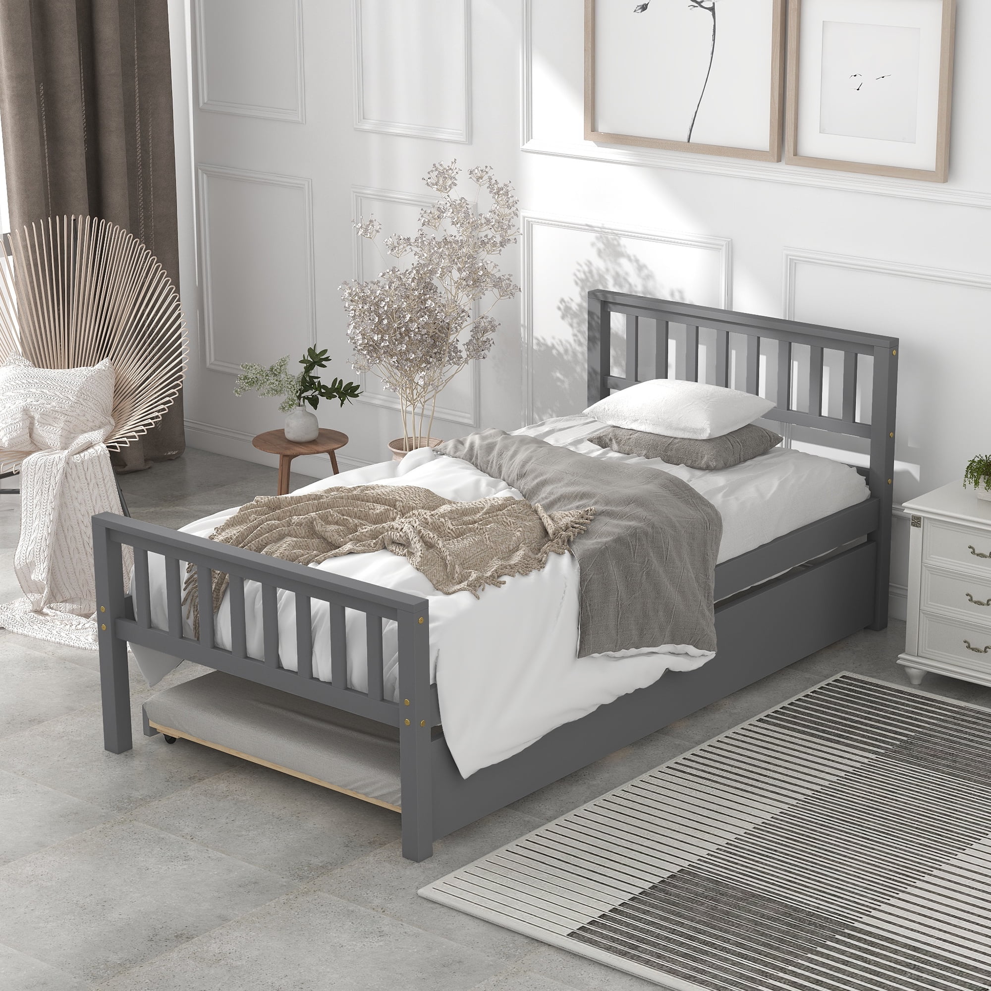 Aukfa Twin Platform Bed with Trundle for Kids - Wood Bed Frame - Gray