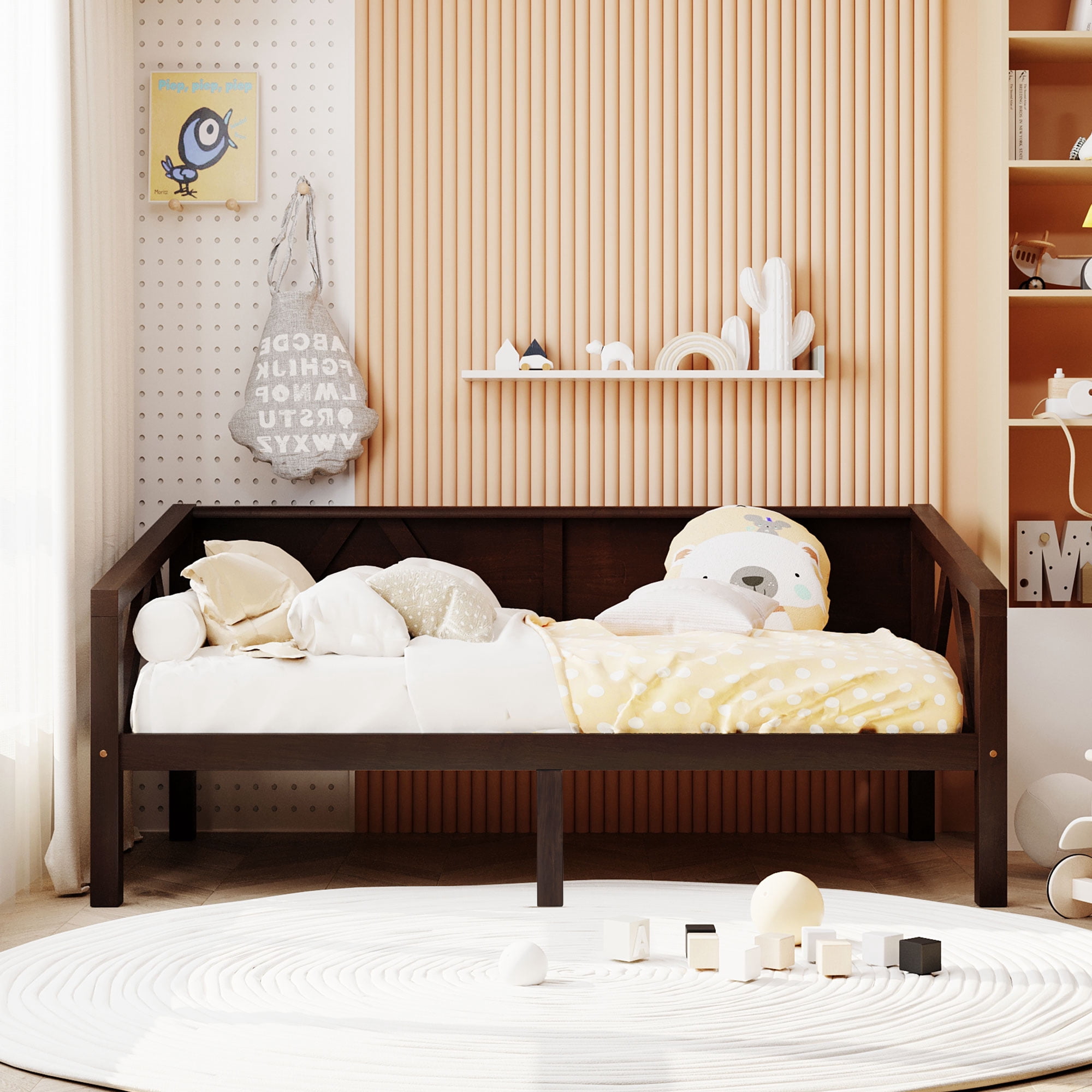 Aukfa Twin Size Bed Frame, Solid Wood Daybed with Slat Support for Kids Boys Girls, Espresso