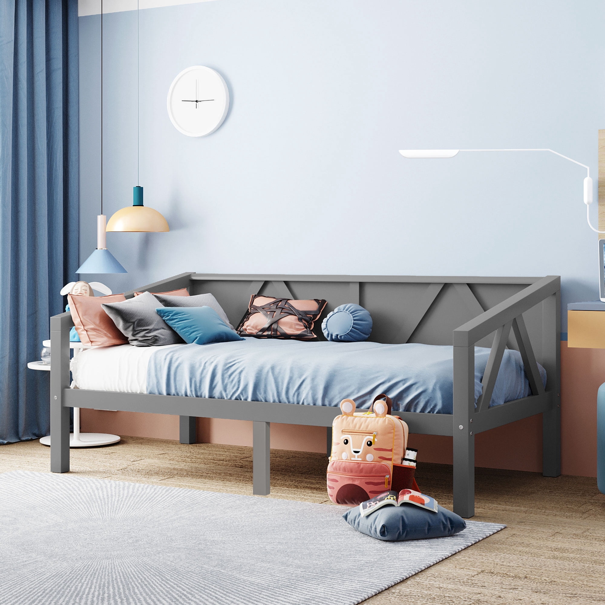 Aukfa Twin Size Bed Frame, Solid Wood Daybed with Slat Support for Kids Boys Girls, Gray
