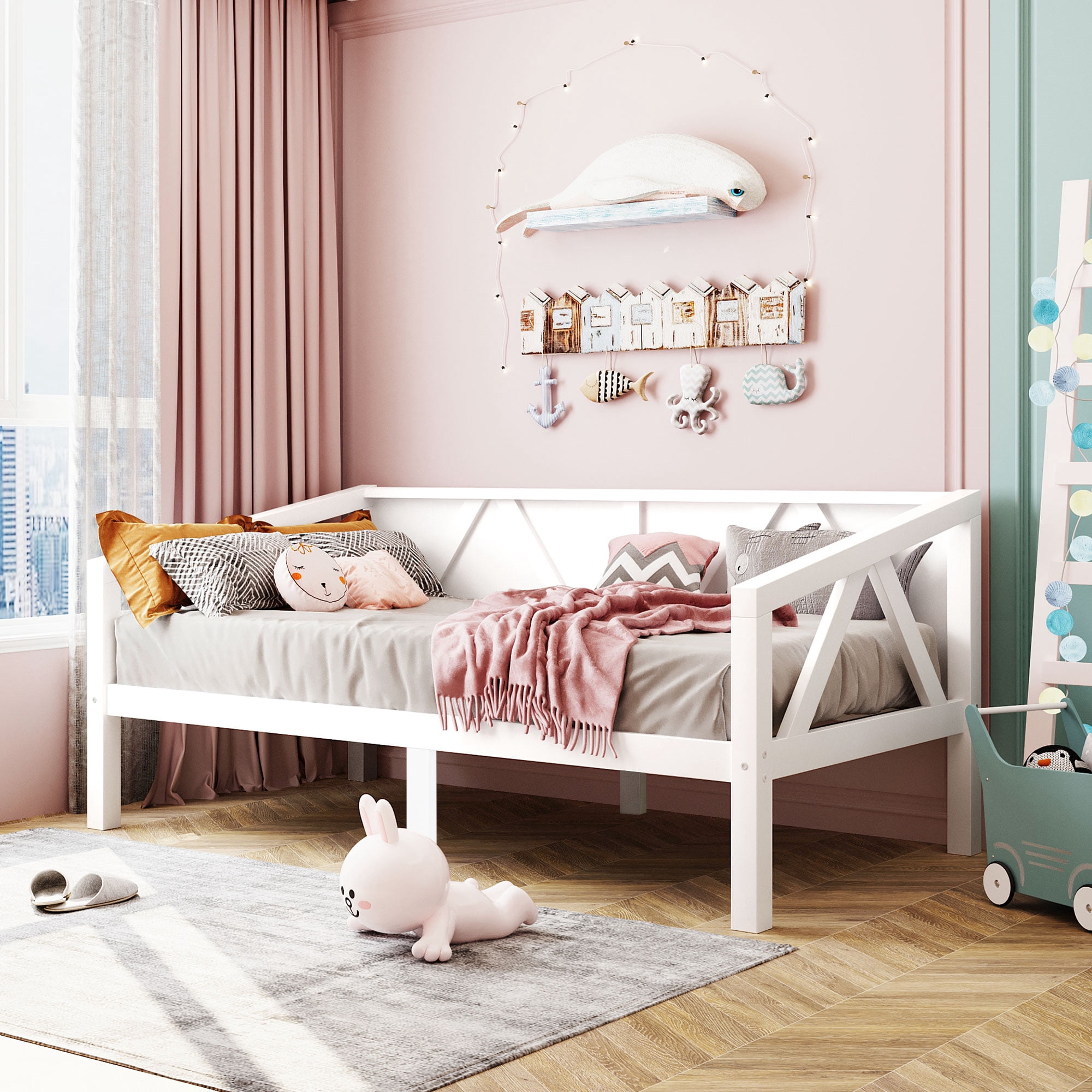 Aukfa Twin Size Bed Frame, Solid Wood Daybed with Slat Support for Kids Boys Girls, White
