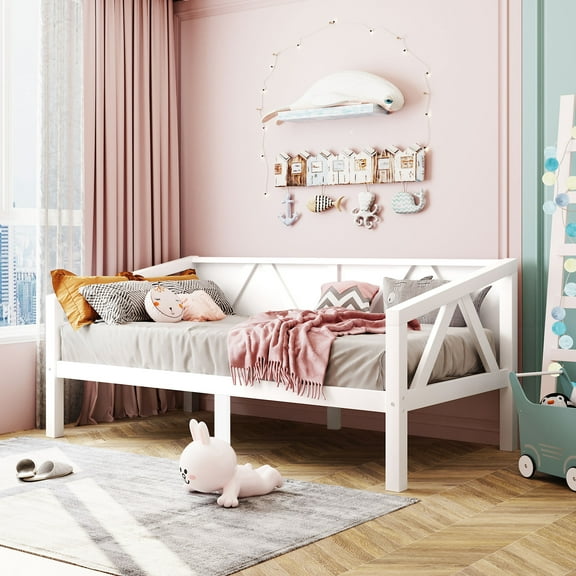 Aukfa Twin Size Bed Frame, Solid Wood Daybed with Slat Support for Kids Boys Girls, White