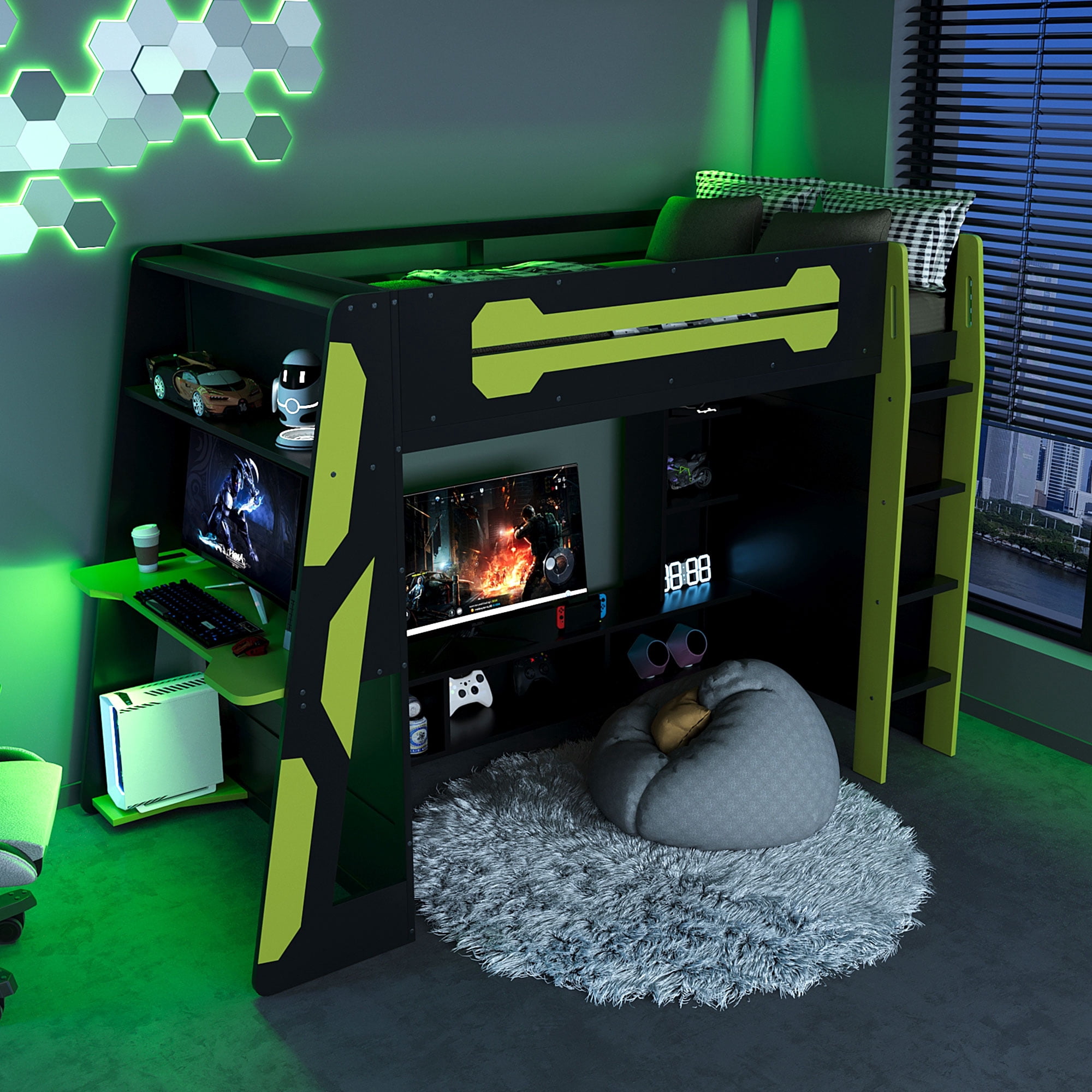 Aukfa Twin Size Gaming Loft Bed for Teens, Wood Esports Bed Frame with Desk, LED Lights, Charging Station & Storage Shelves, Green