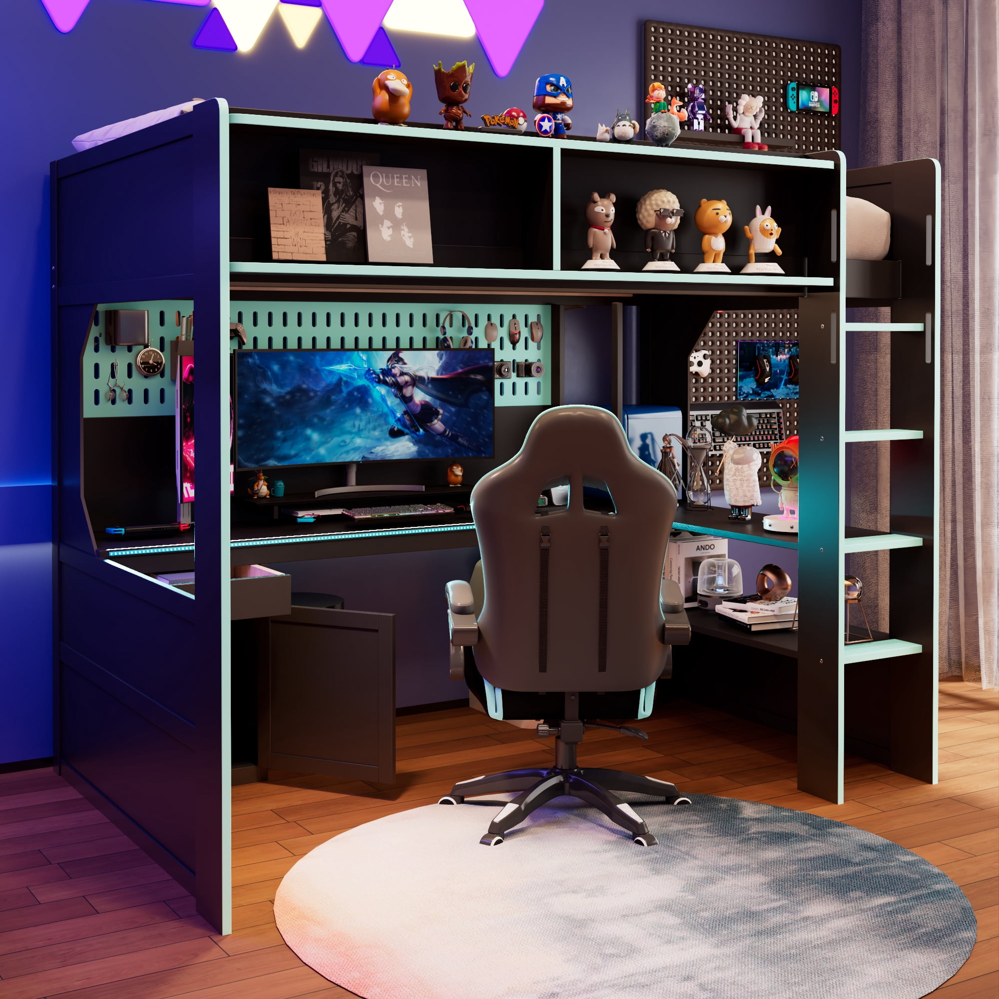 Aukfa Twin Size Gaming Loft Bed with Desk, LED Lights, Charging Station & Storage Shelves/Cabinet, Wooden Bed Frame for Kids, Black/Blue