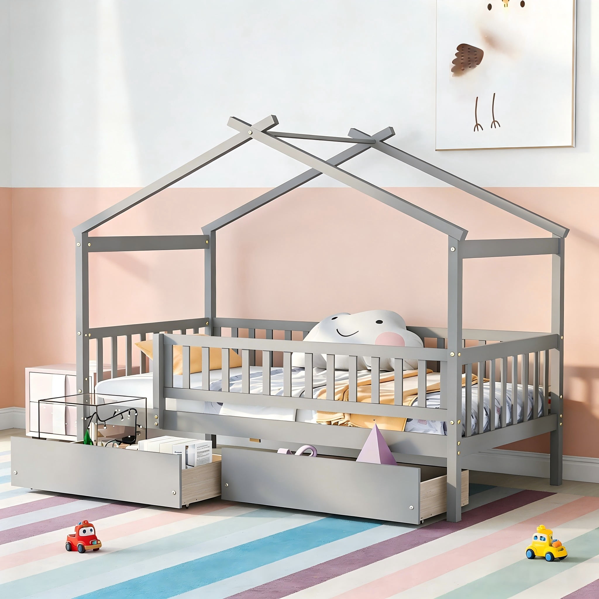 Aukfa Twin Size House Bed with Storage Drawers and Safety Guardrails for Kids, Wooden Montessori Bed Frame for Boys and Girls, Gray