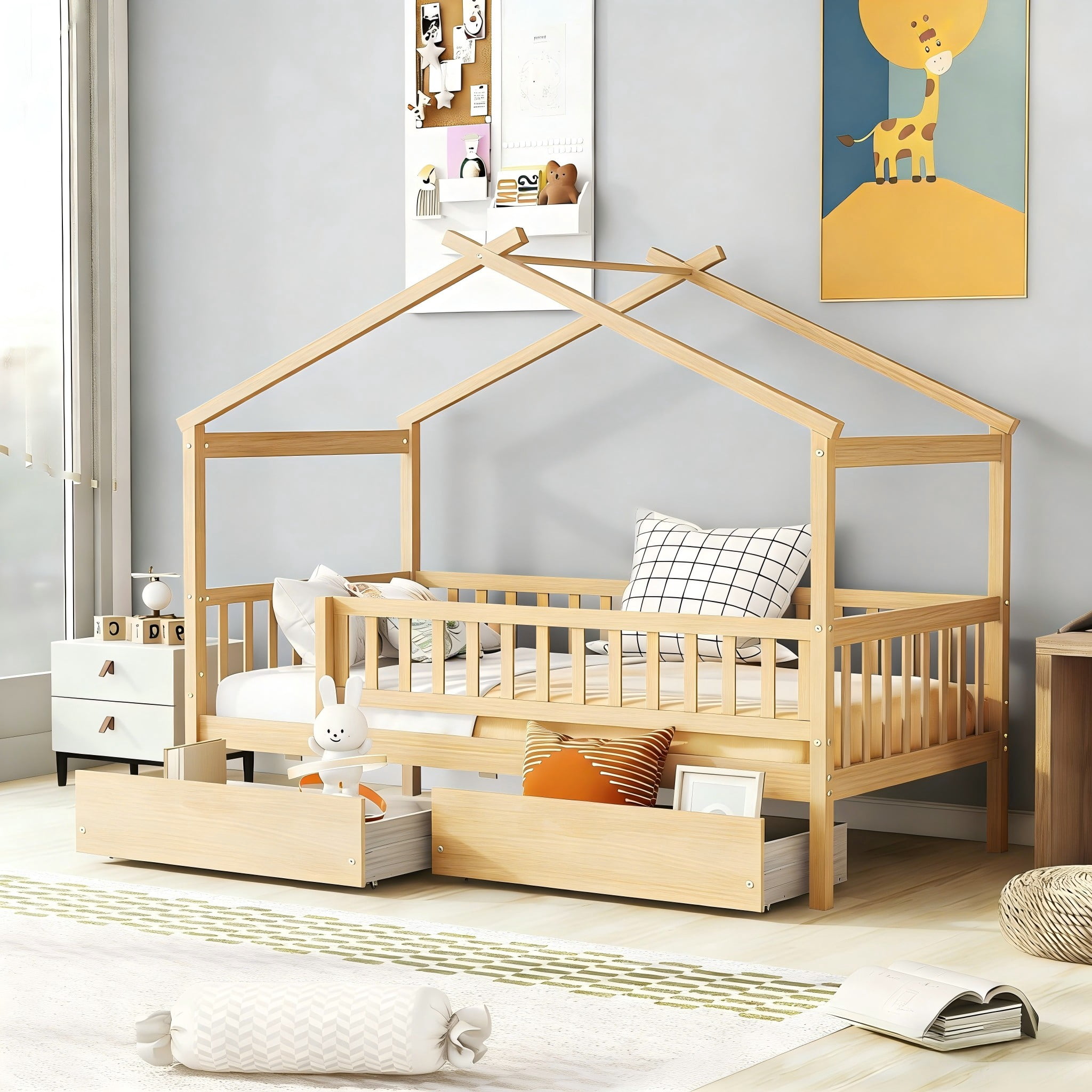 Aukfa Twin Size House Bed with Storage Drawers and Safety Guardrails for Kids, Wooden Montessori Bed Frame for Boys and Girls, Natural