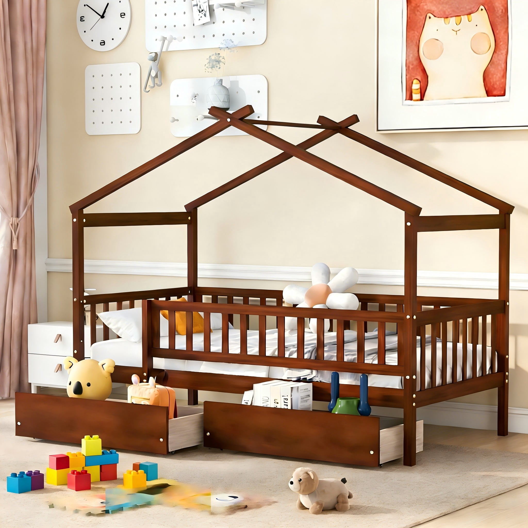 Aukfa Twin Size House Bed with Storage Drawers and Safety Guardrails for Kids, Wooden Montessori Bed Frame for Boys and Girls, Walnut