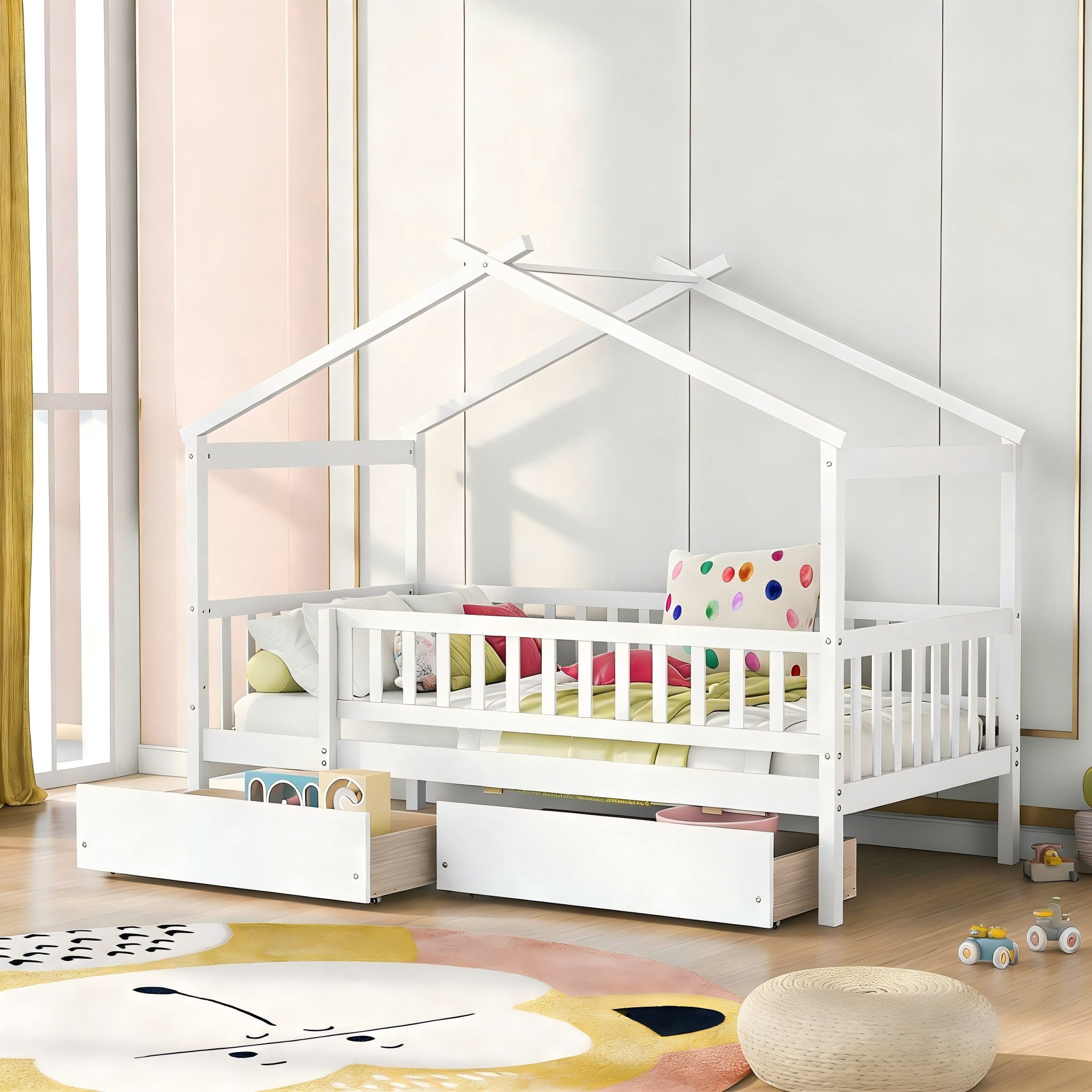 Aukfa Twin Size House Bed with Storage Drawers and Safety Guardrails for Kids, Wooden Montessori Bed Frame for Boys and Girls, White