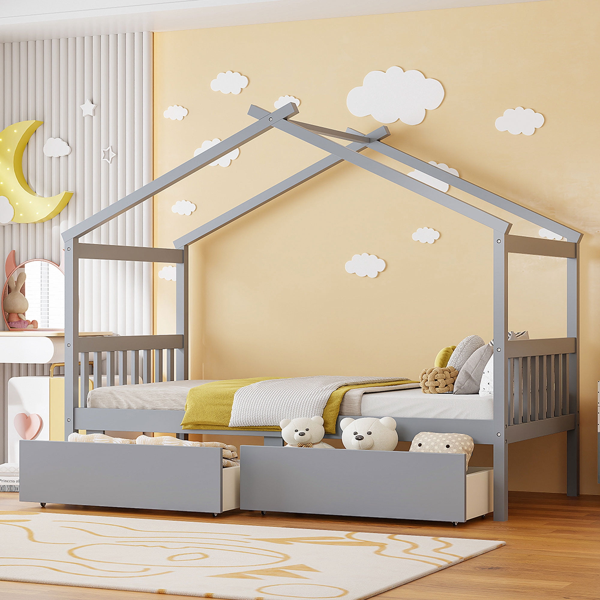 Aukfa Twin Size House Bed with Two Storage Drawers for Kids, Solid Wood Montessori Bed Frame, Gray