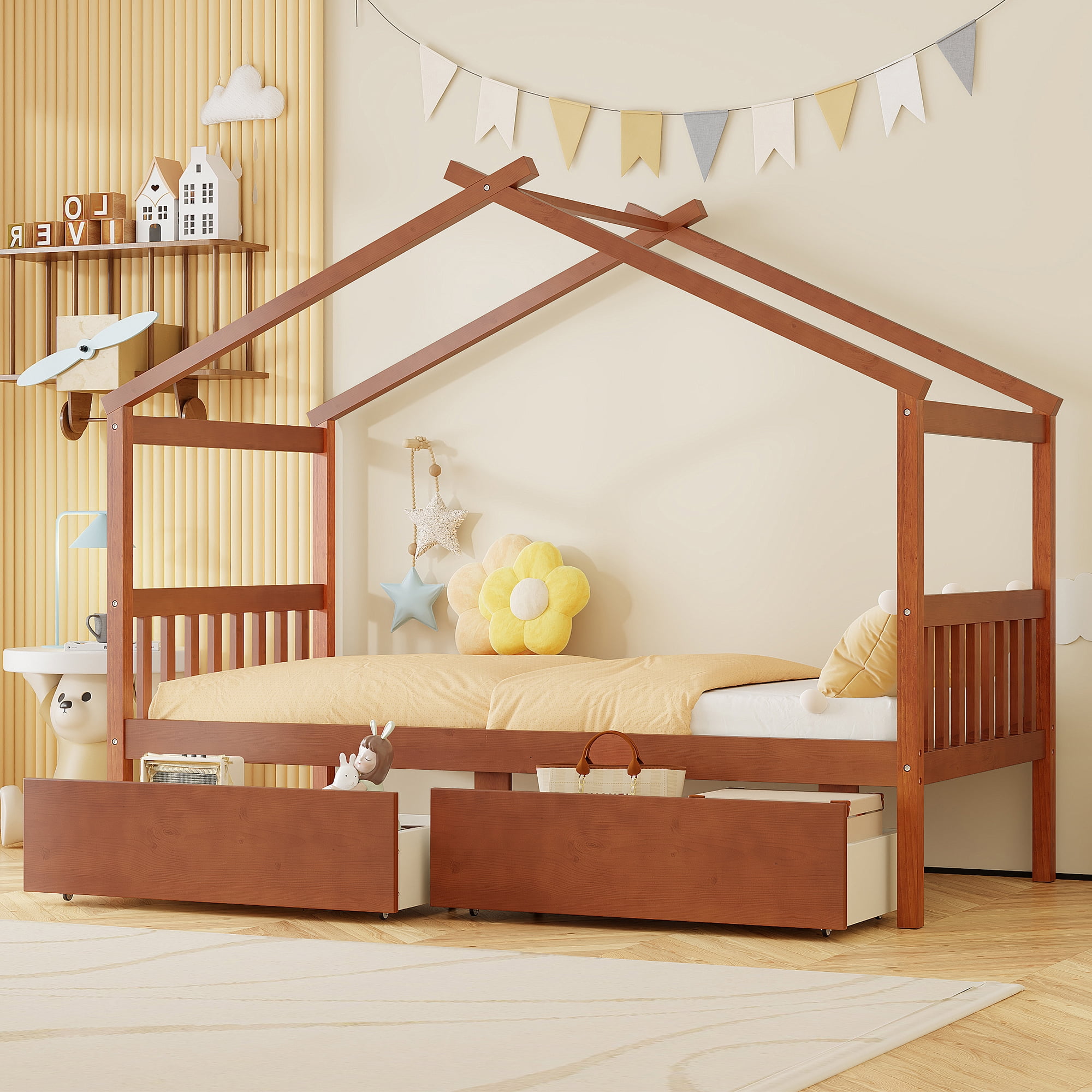 Aukfa Twin Size House Bed with Two Storage Drawers for Kids, Solid Wood Montessori Bed Frame, Walnut