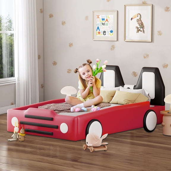 Aukfa Twin Size Kids Race Car Bed with Wheels, PU Leather Upholstered Platform Bed Frame for Boys/Girls Bedroom or Playroom, Red