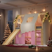 Aukfa Twin Size Loft Bed with Slide, Tent, Sills & LED Lights, Solid Wood House Loft Bed for Kids, Pink