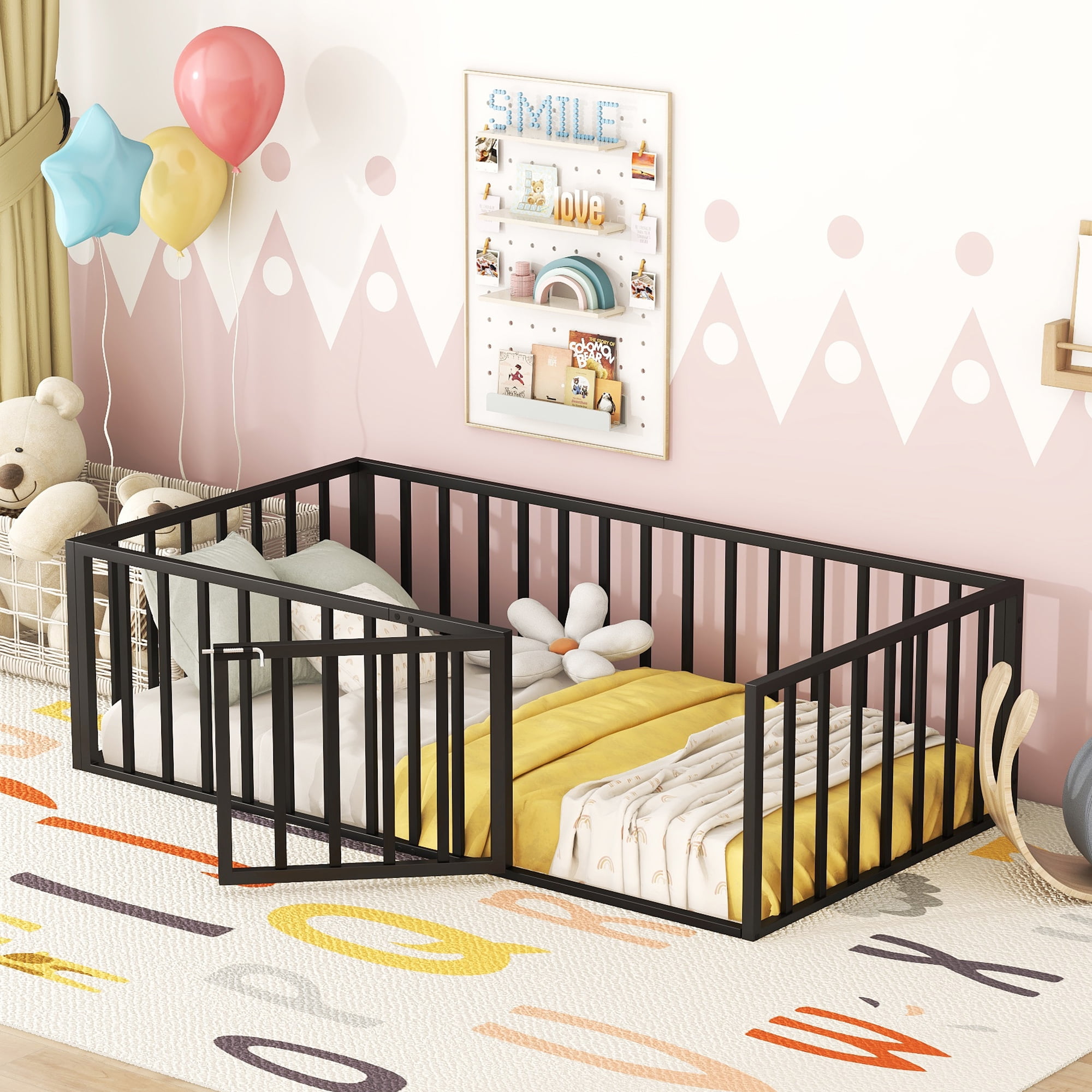 Aukfa Twin Size Metal Bed Frame with with Fence and Door, Floor Bed for Kids Toddler, Black
