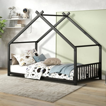 Aukfa Twin Size Metal House Bed, Montessori Floor Bed for Kids Toddler, Black
