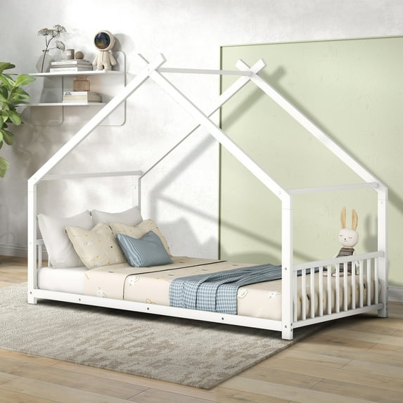 Aukfa Twin Size Metal House Bed, Montessori Floor Bed for Kids Toddler, White