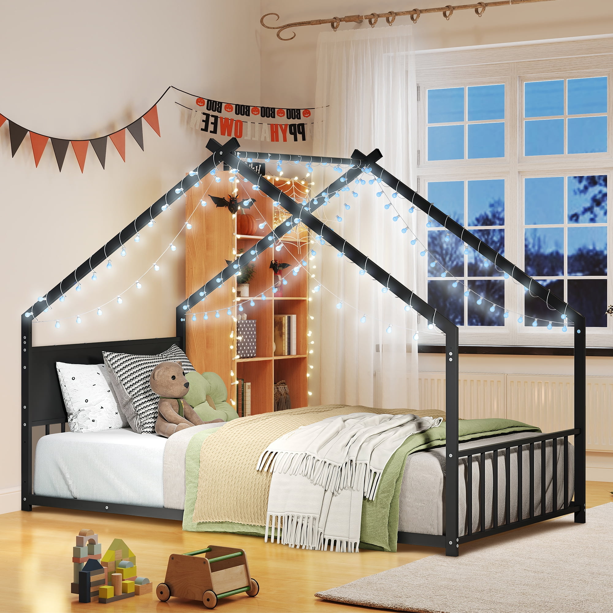 Aukfa Twin Size Metal House Bed with LED Lights, Montessori Floor Bed for Kids & Toddlers, Sturdy Frame, Easy Assembly, Black