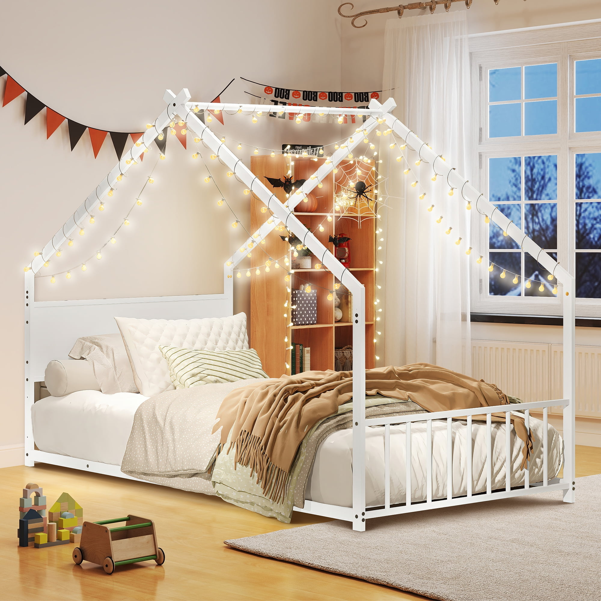 Aukfa Twin Size Metal House Bed with LED Lights, Montessori Floor Bed for Kids & Toddlers, Sturdy Frame, Easy Assembly, White