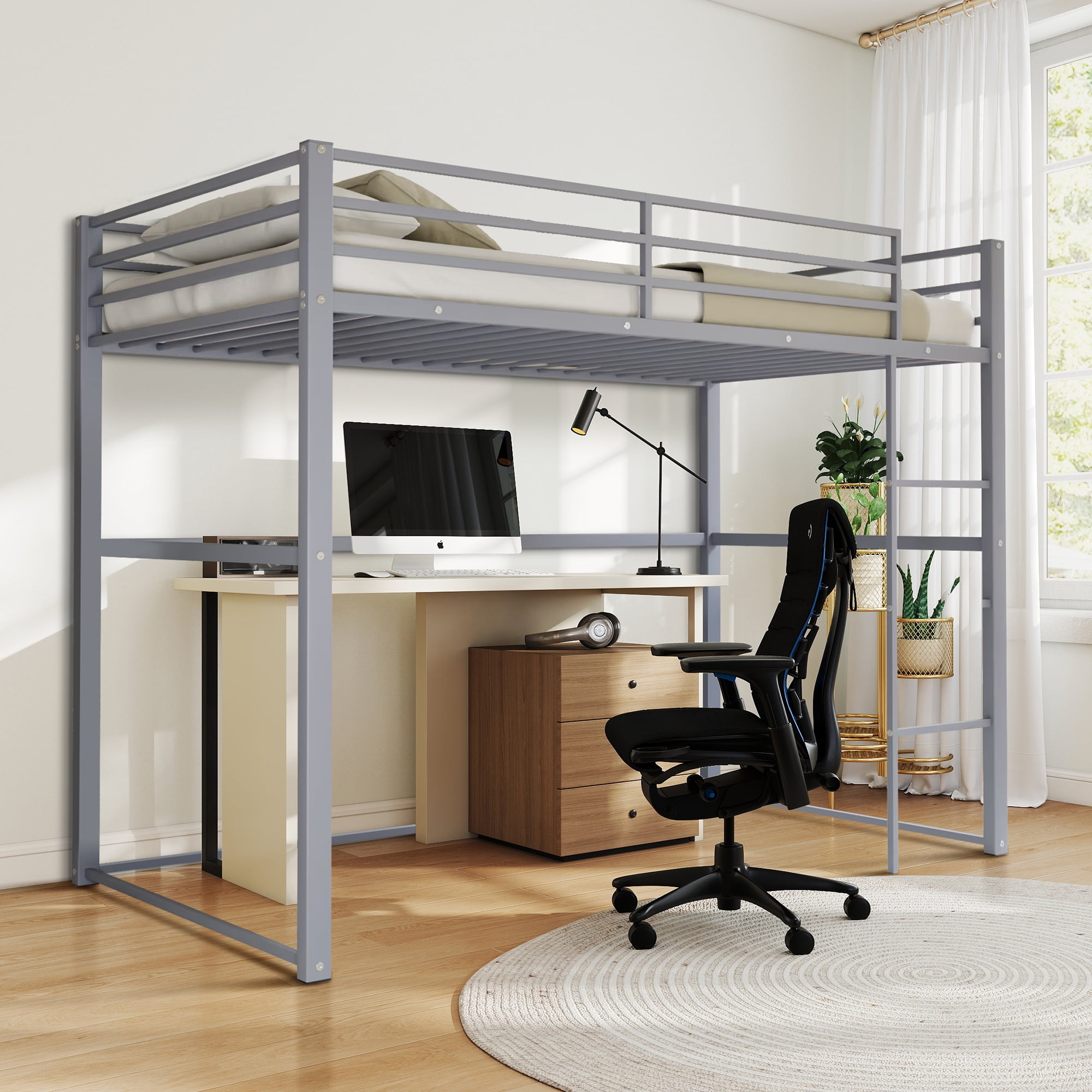 Aukfa Twin Size Metal Loft Bed, Space-Saving Bed with Safety Guard Rails Kids Teens, Gray